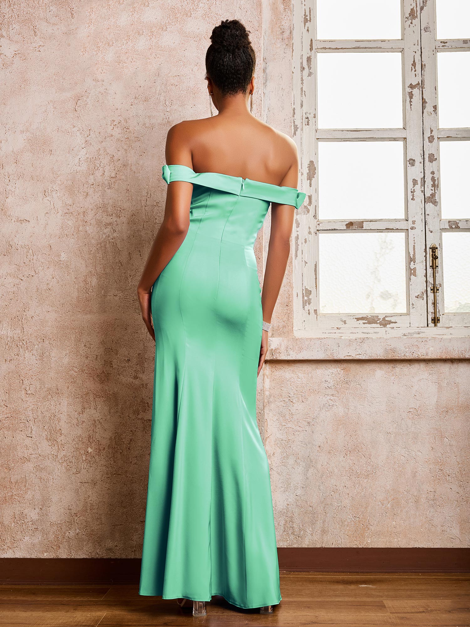 Off-the-shoulder Sheath/Column Floor Length Dresses With Slit Turquoise - Image 2