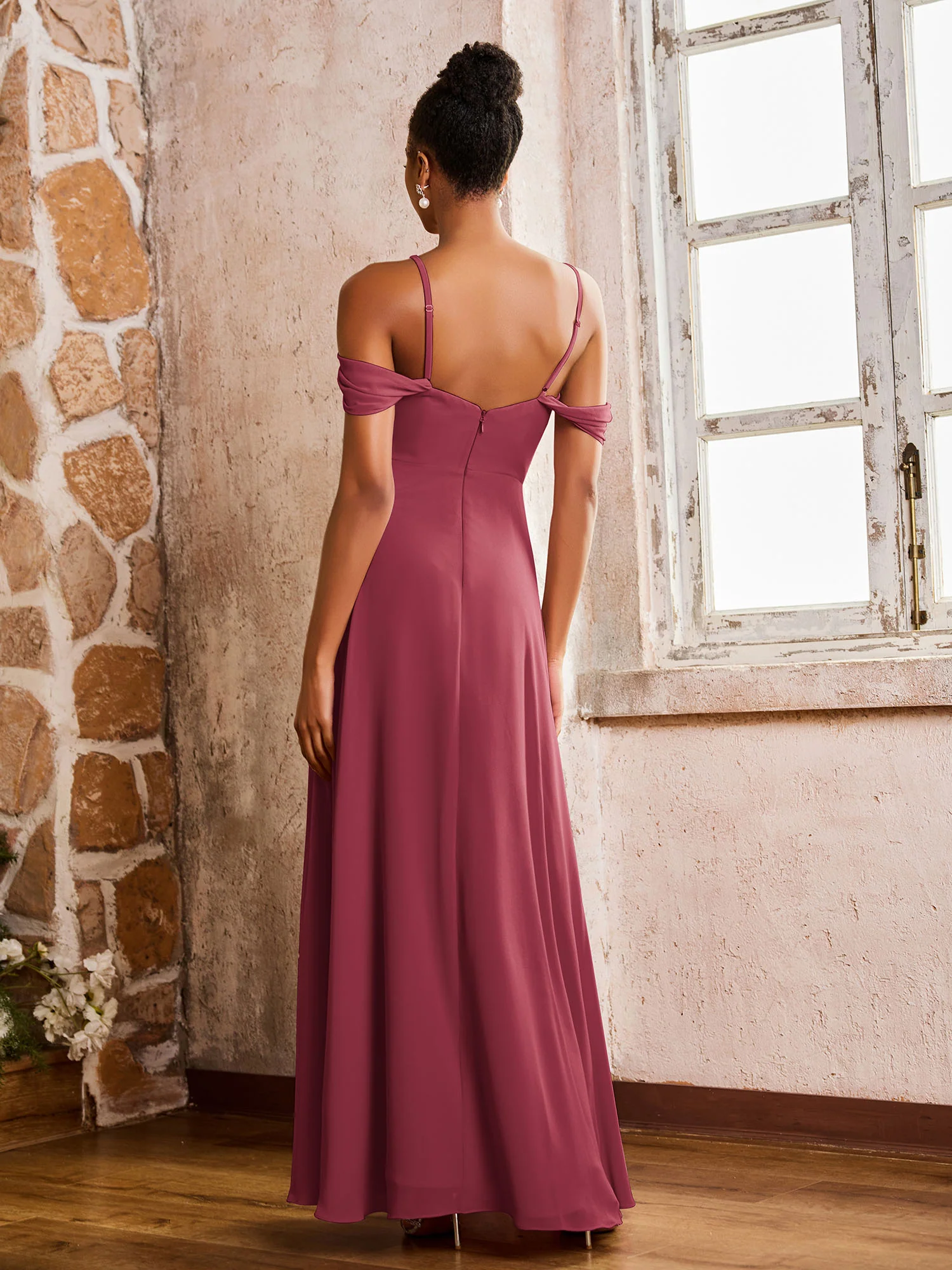 Off-the-shoulder Sheath/Column High Slit Dress with Spaghetti Straps Cinnamon Rose - Image 2