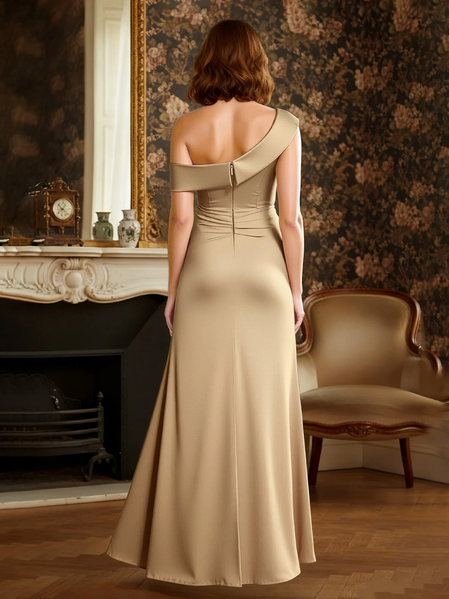 Off-the-Shoulder Sheath Ruffles Floor-Length Dress Dark Green - Image 2