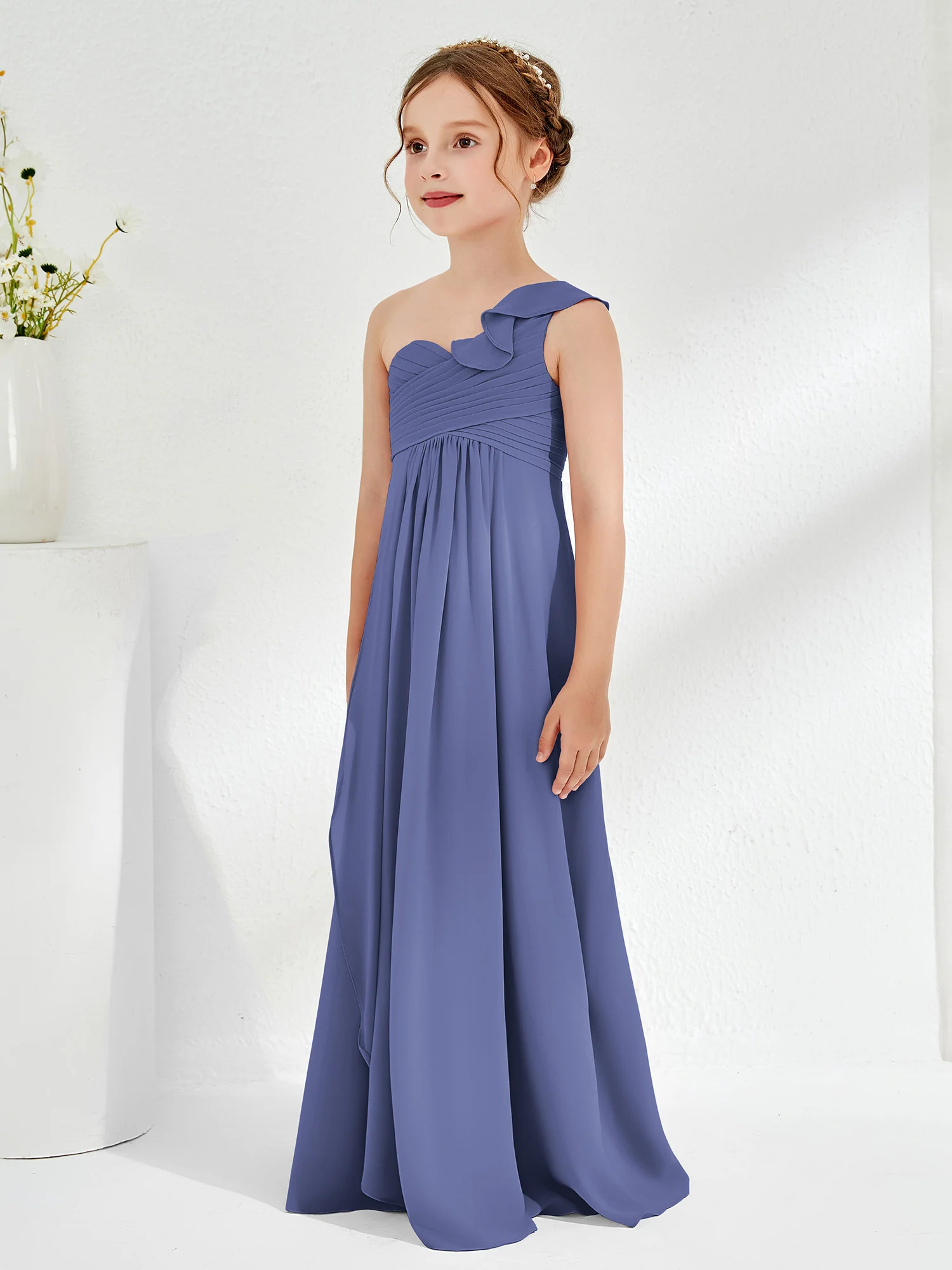 One ruffle Shoulder Junior Bridesmaid Dresses Periwinkle - Image 3