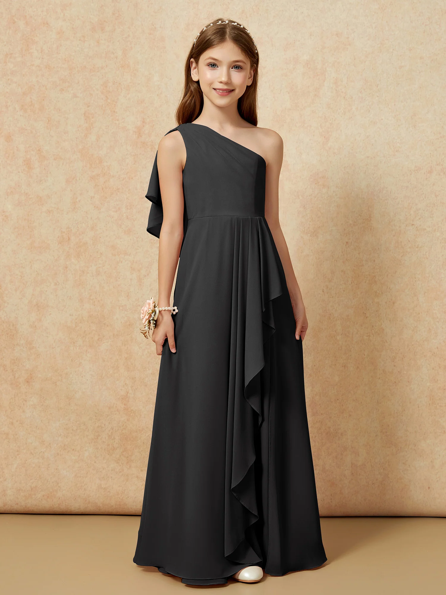One Sholder A-line Long Chiffon Junior Bridesmaid Dress Black - Image 4