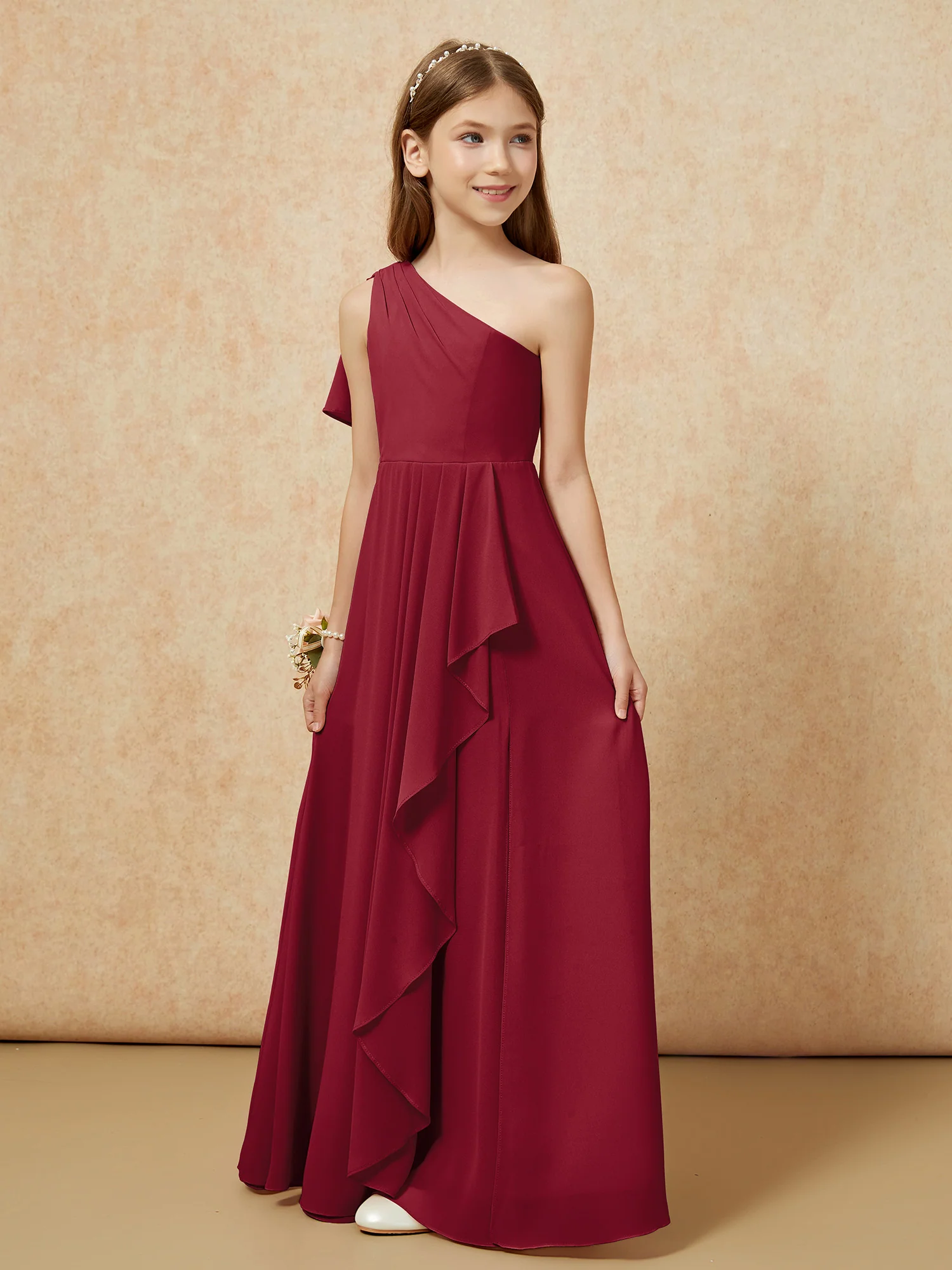 One Sholder A-line Long Chiffon Junior Bridesmaid Dress Burgundy - Image 5