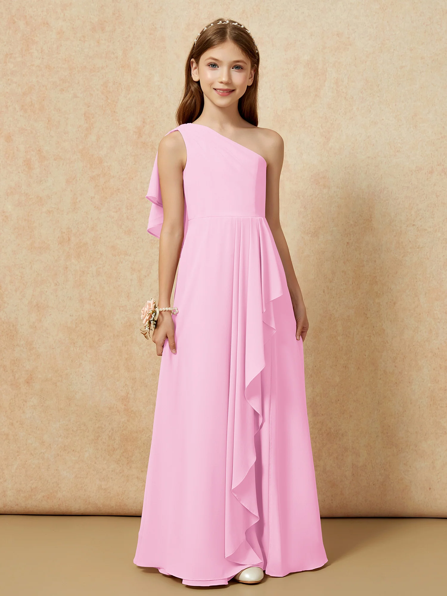 One Sholder A-line Long Chiffon Junior Bridesmaid Dress Candy Pink - Image 4