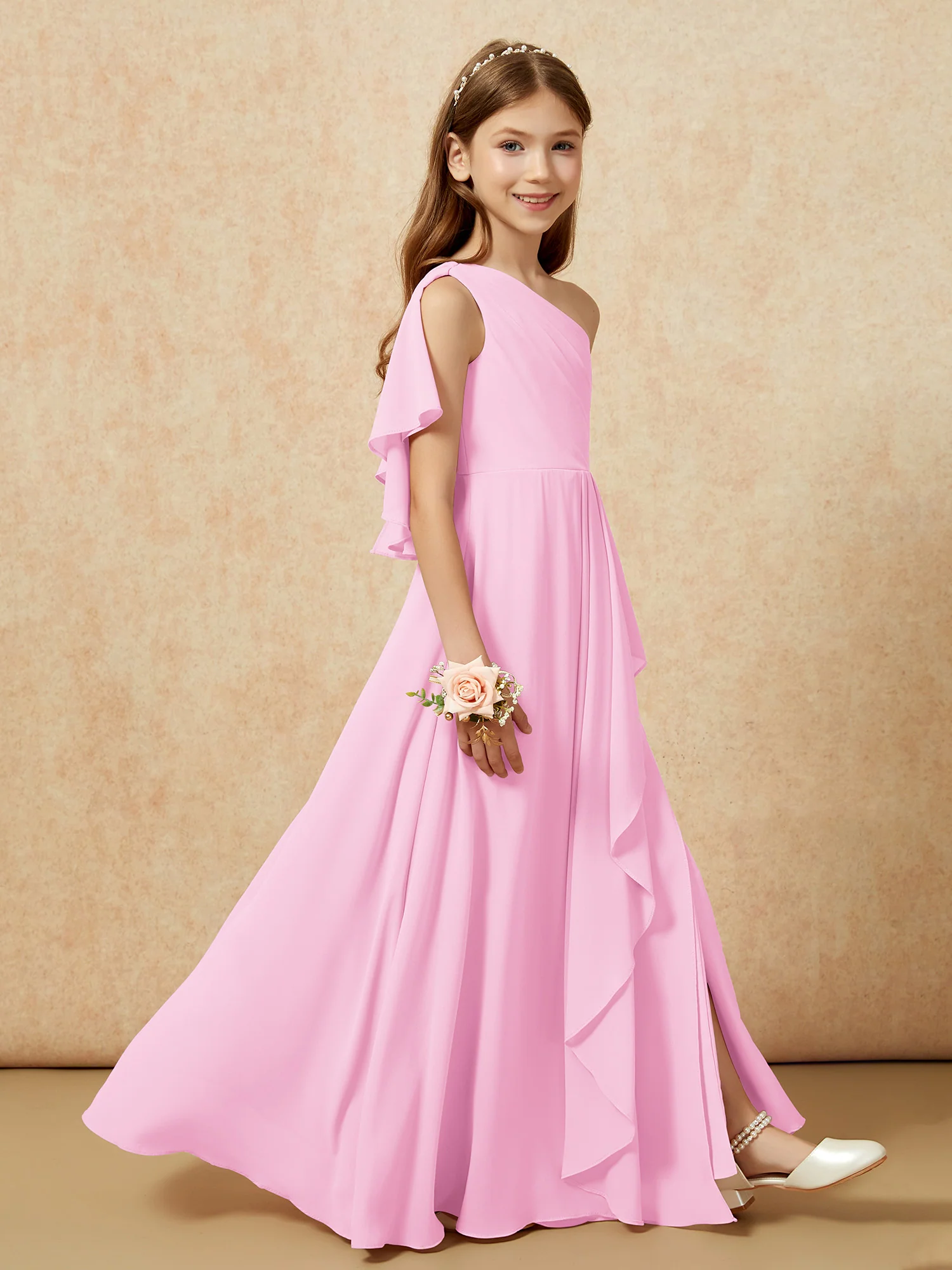 One Sholder A-line Long Chiffon Junior Bridesmaid Dress Candy Pink - Image 6
