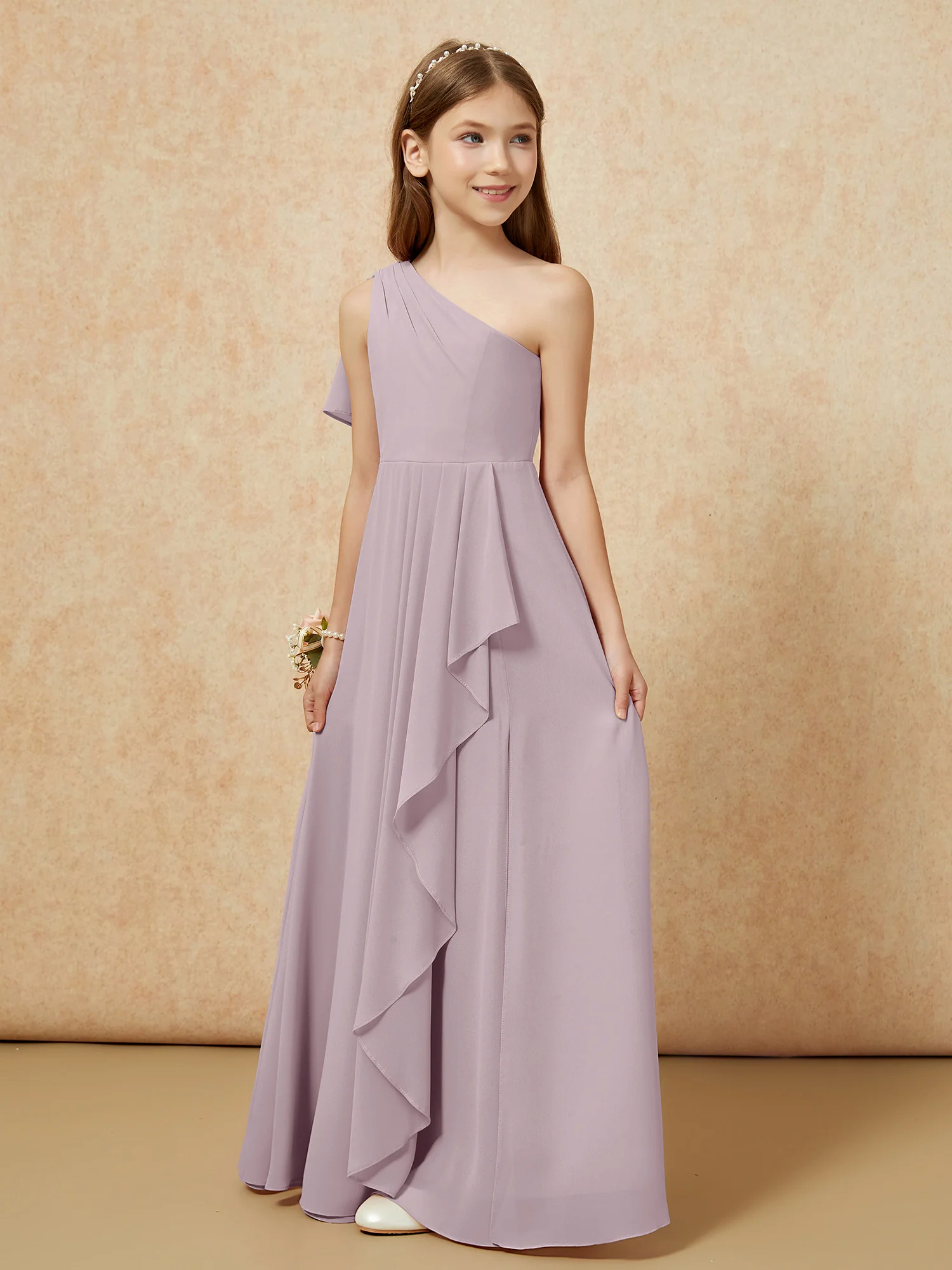 One Sholder A-line Long Chiffon Junior Bridesmaid Dress Dusk - Image 5