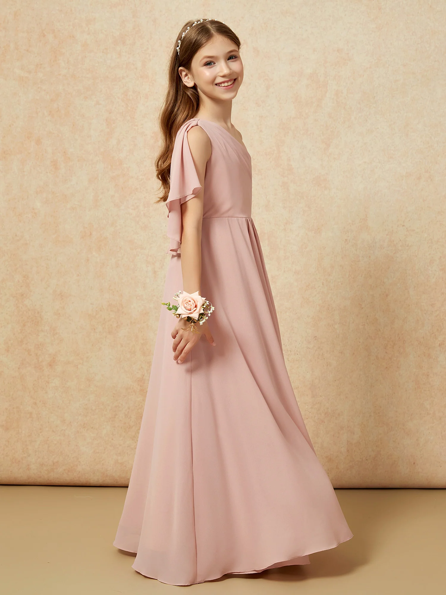 One Sholder A-line Long Chiffon Junior Bridesmaid Dress Dusty Rose - Image 2