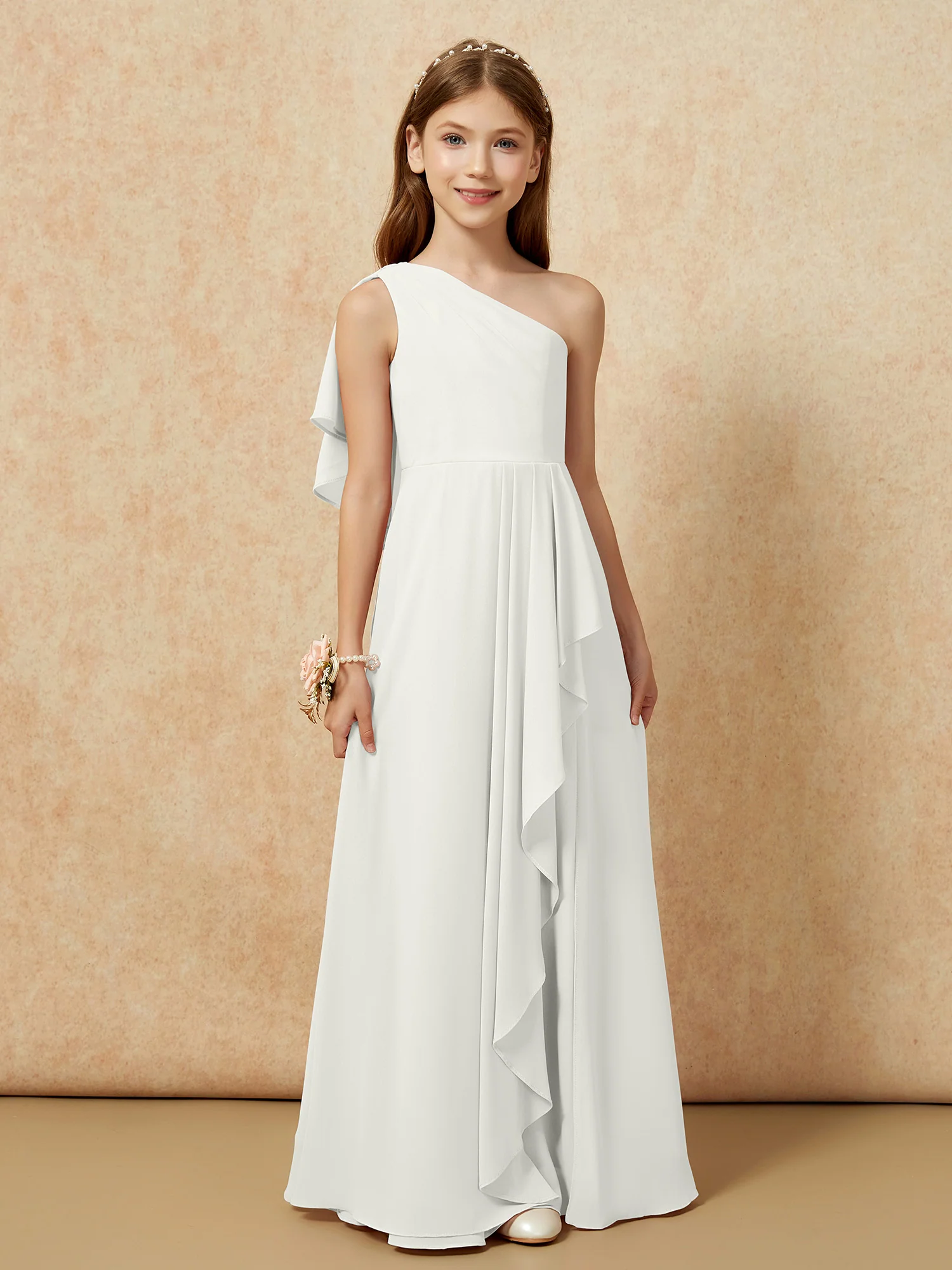 One Sholder A-line Long Chiffon Junior Bridesmaid Dress Ivory - Image 4
