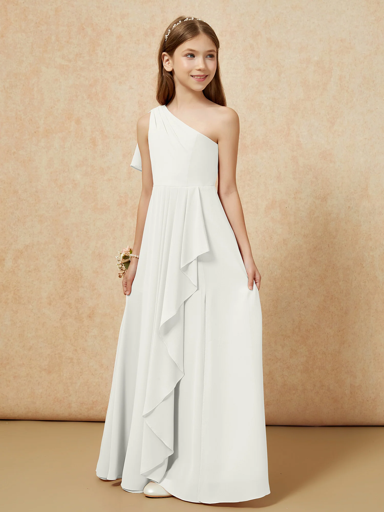 One Sholder A-line Long Chiffon Junior Bridesmaid Dress Ivory - Image 5
