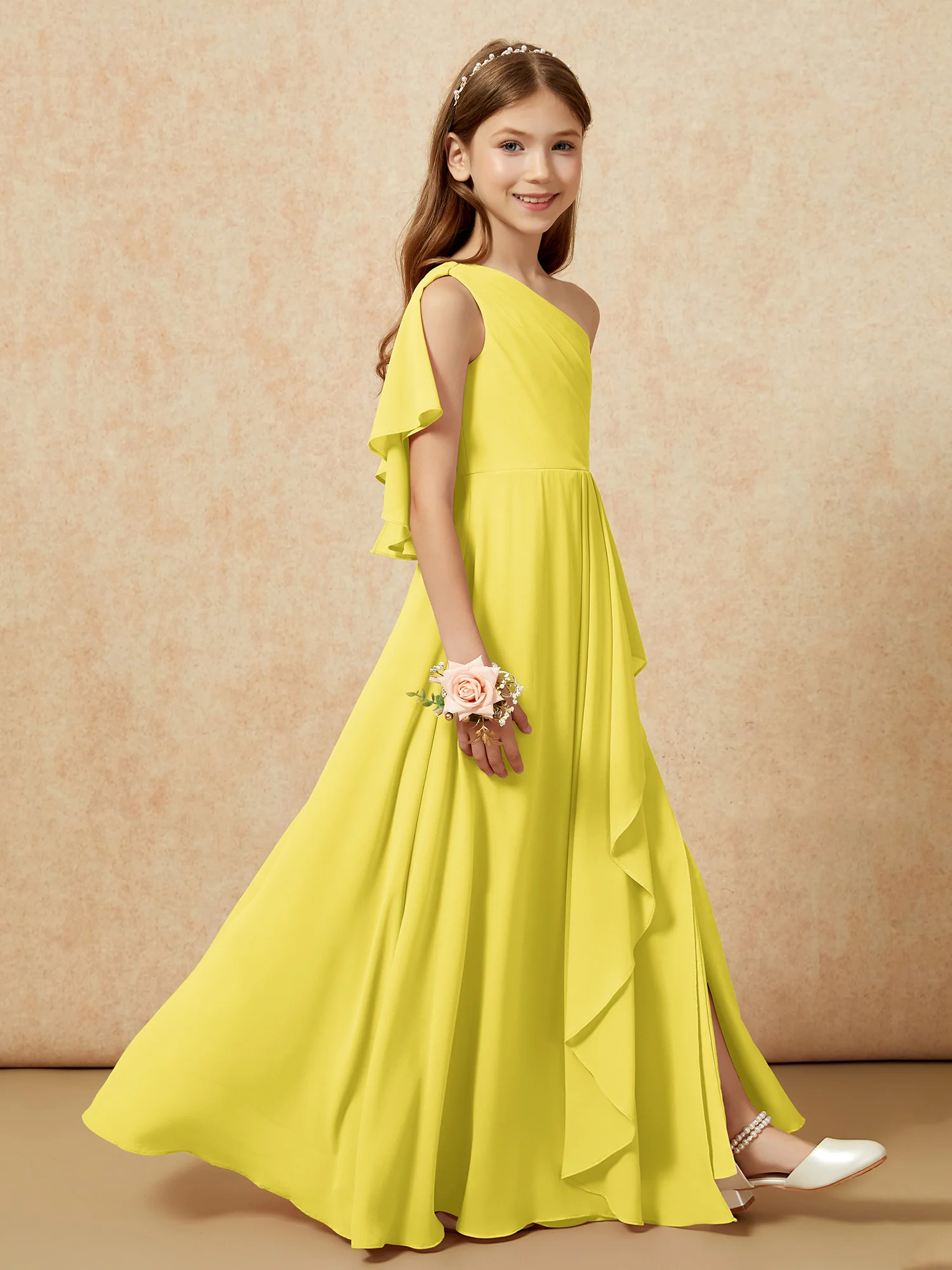 One Sholder A-line Long Chiffon Junior Bridesmaid Dress Lemon - Image 6