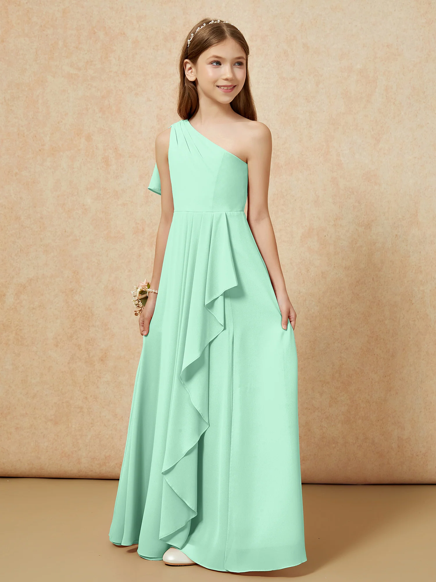 One Sholder A-line Long Chiffon Junior Bridesmaid Dress Mint Green - Image 5