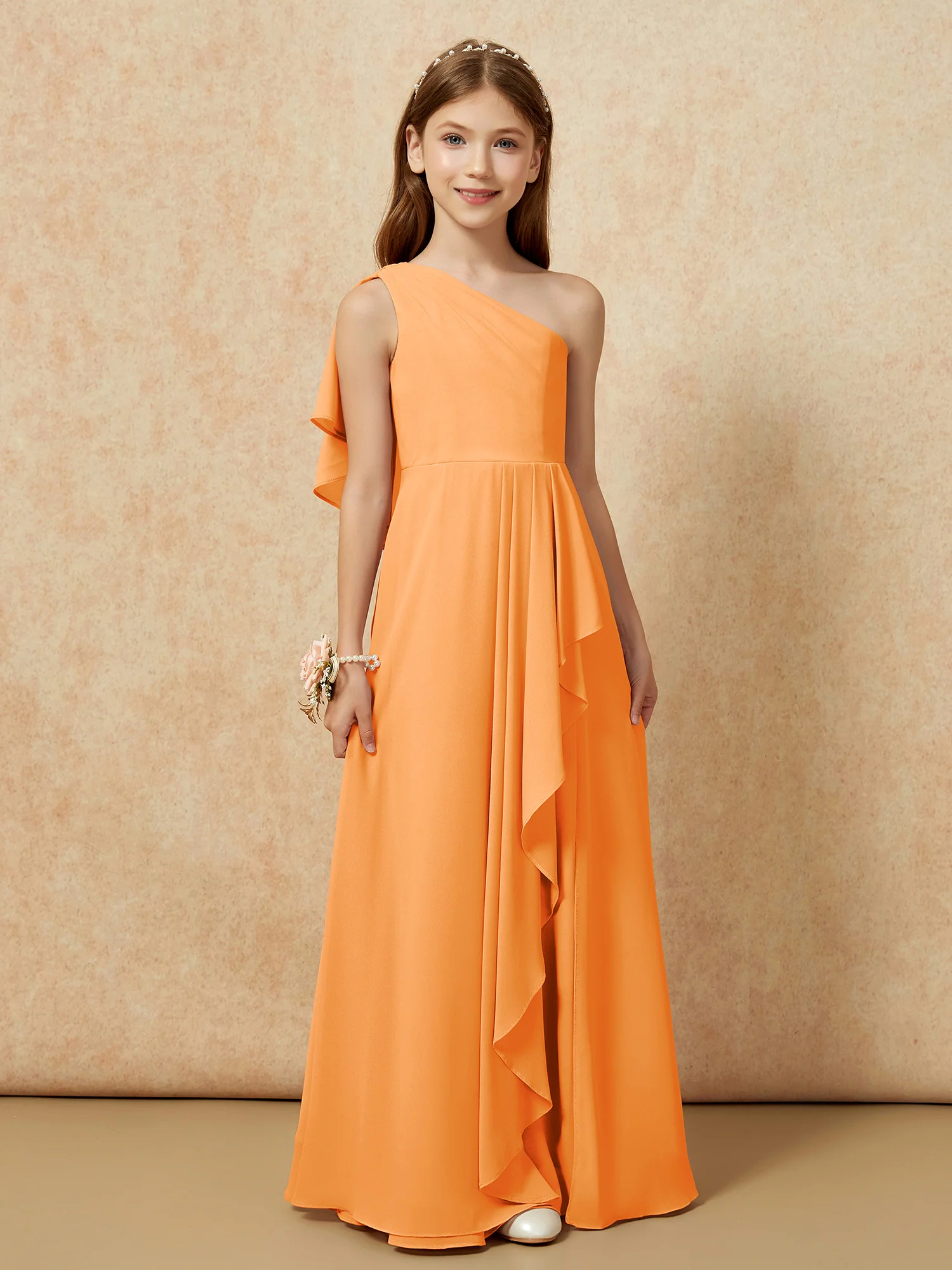 One Sholder A-line Long Chiffon Junior Bridesmaid Dress Orange - Image 4