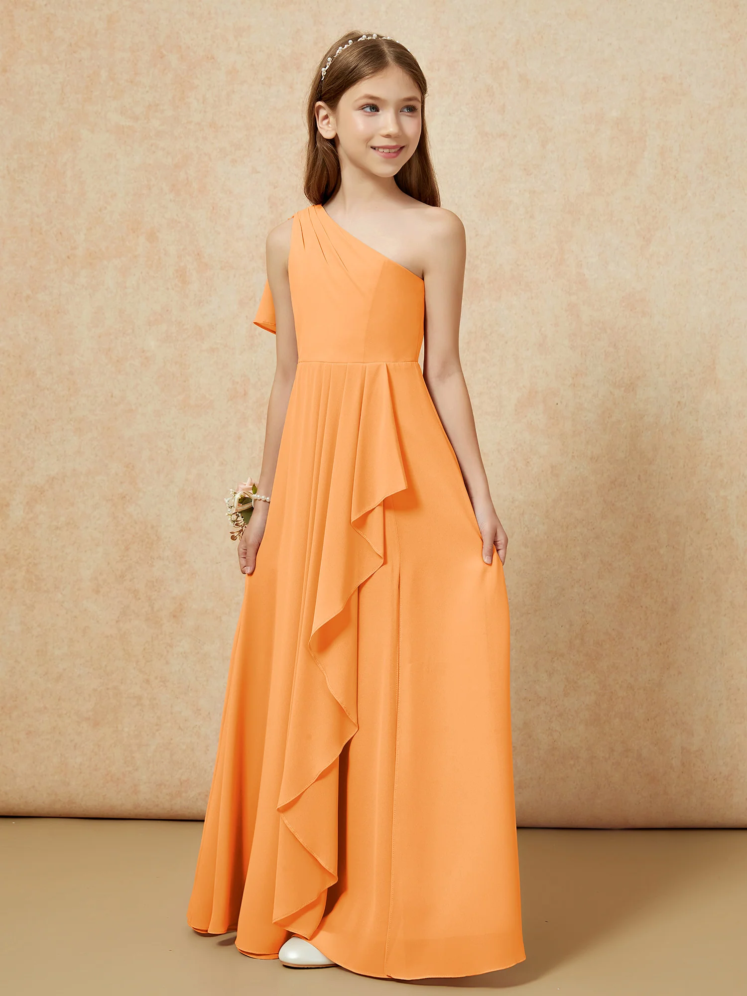 One Sholder A-line Long Chiffon Junior Bridesmaid Dress Orange - Image 5