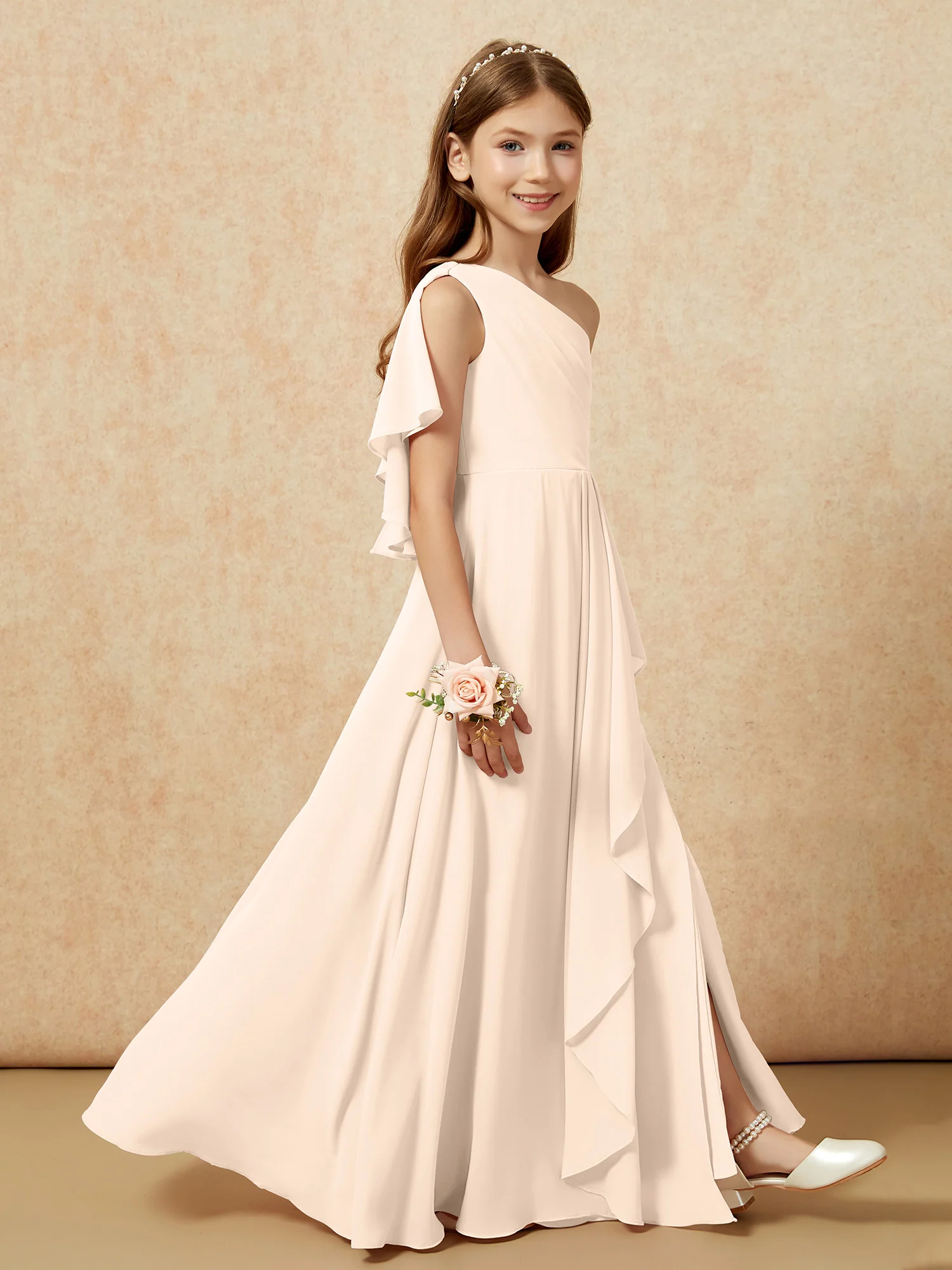 One Sholder A-line Long Chiffon Junior Bridesmaid Dress Peach - Image 6