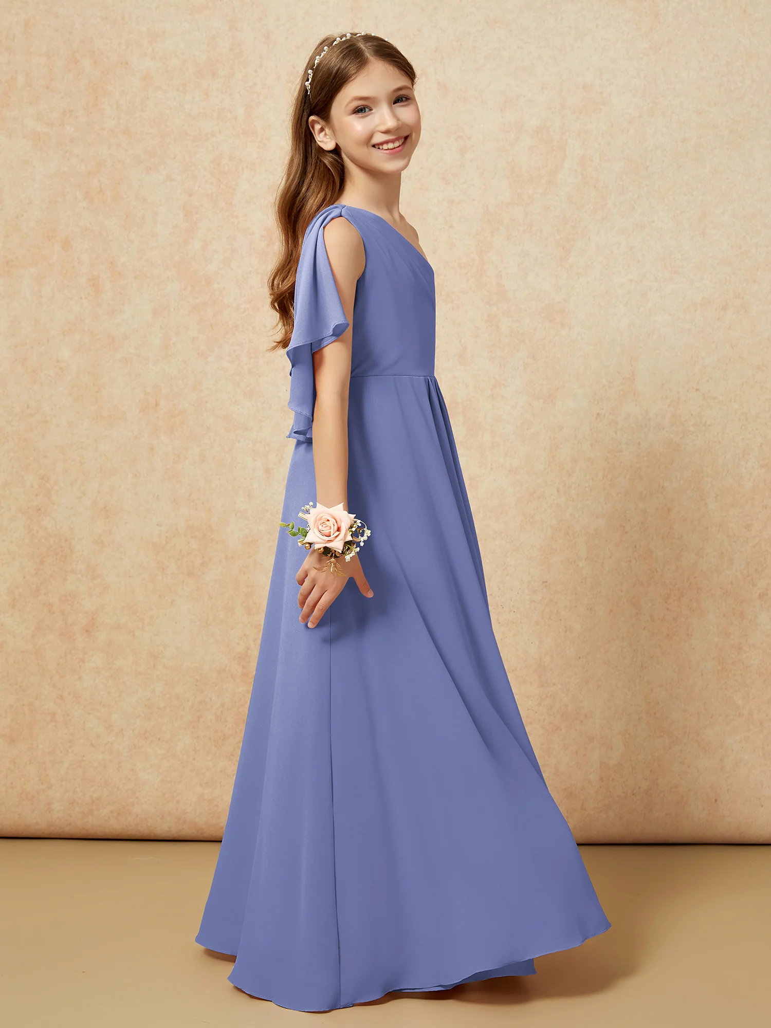 One Sholder A-line Long Chiffon Junior Bridesmaid Dress Periwinkle - Image 2