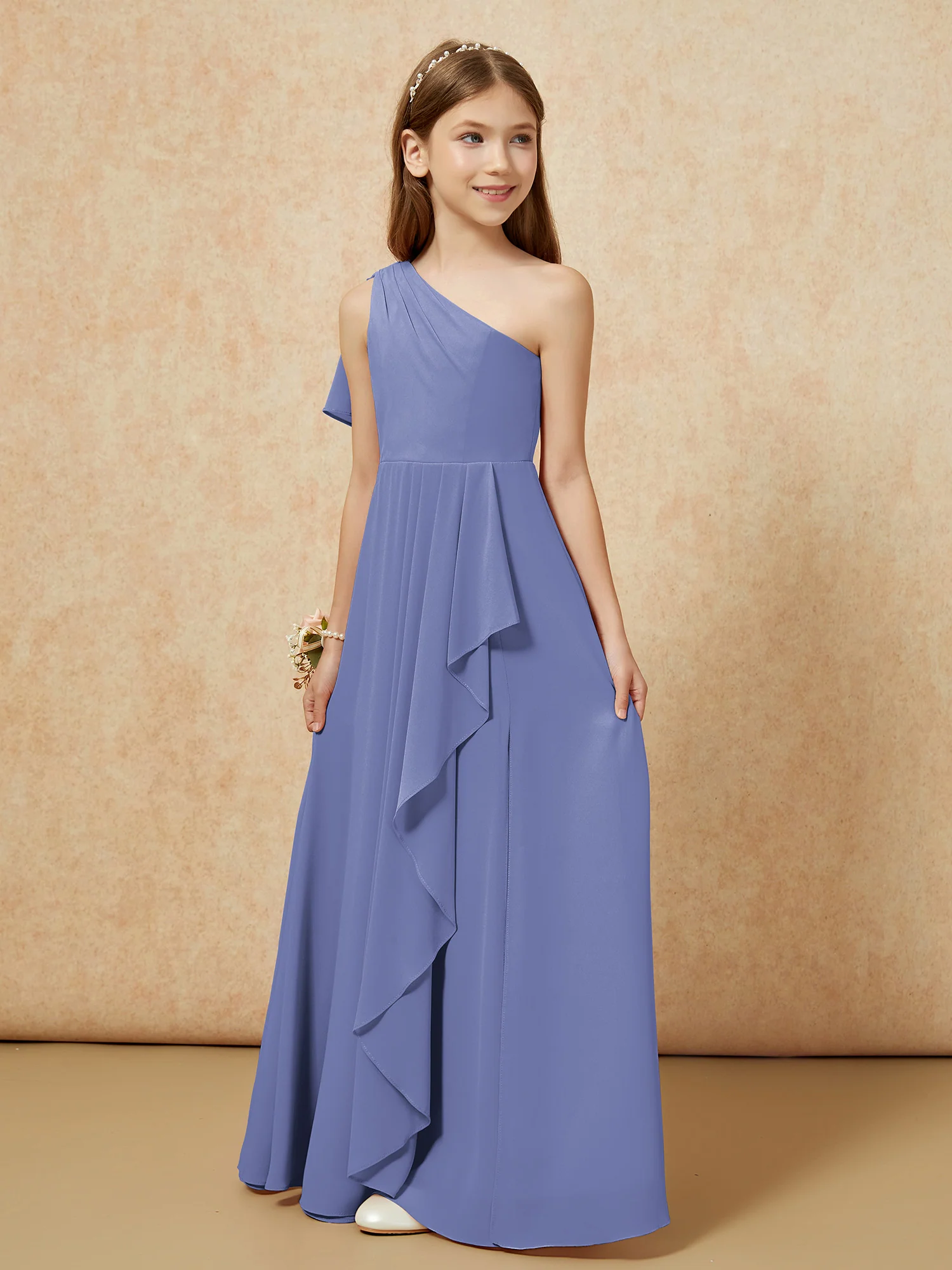 One Sholder A-line Long Chiffon Junior Bridesmaid Dress Periwinkle - Image 5