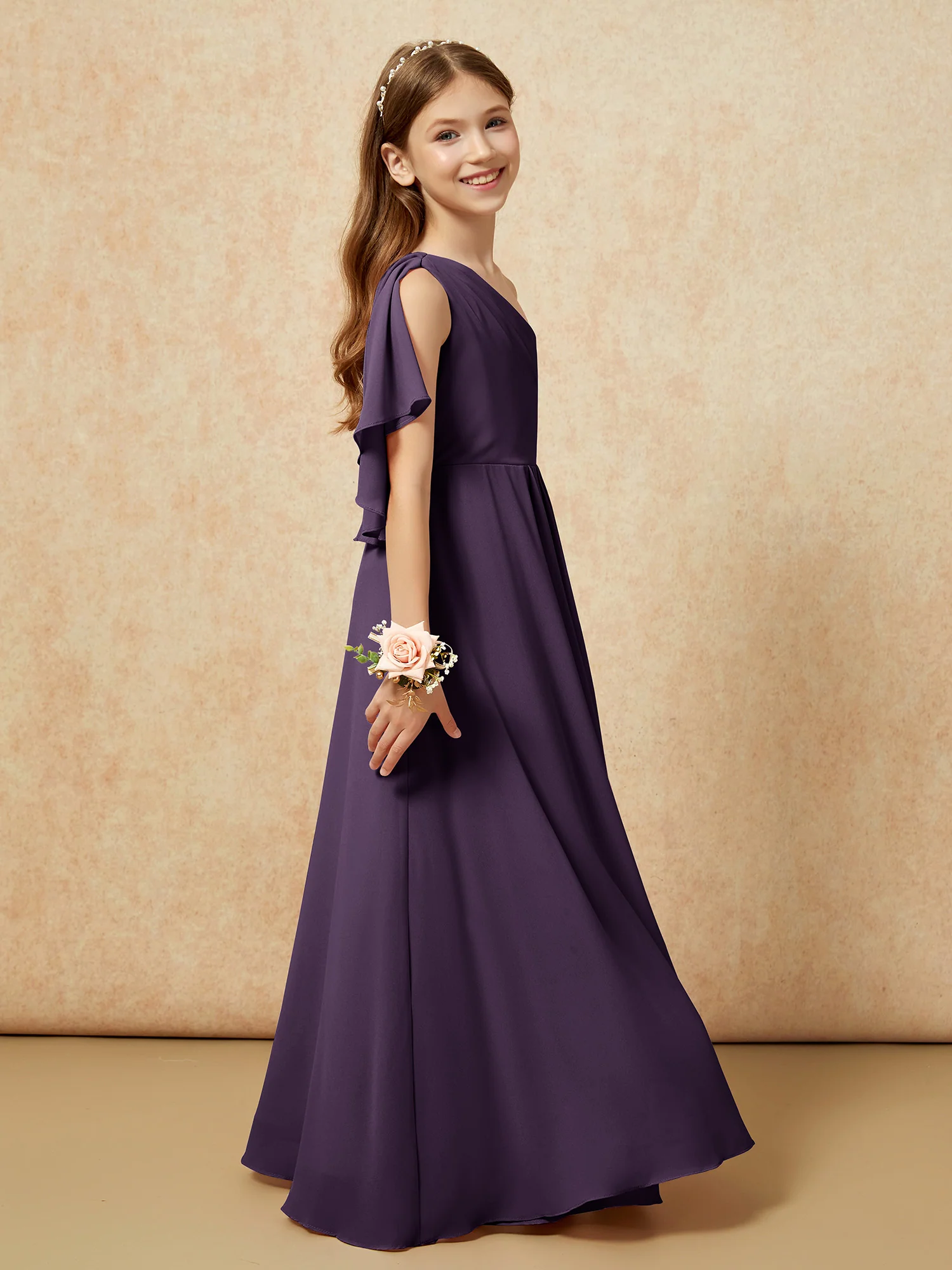 One Sholder A-line Long Chiffon Junior Bridesmaid Dress Plum - Image 3
