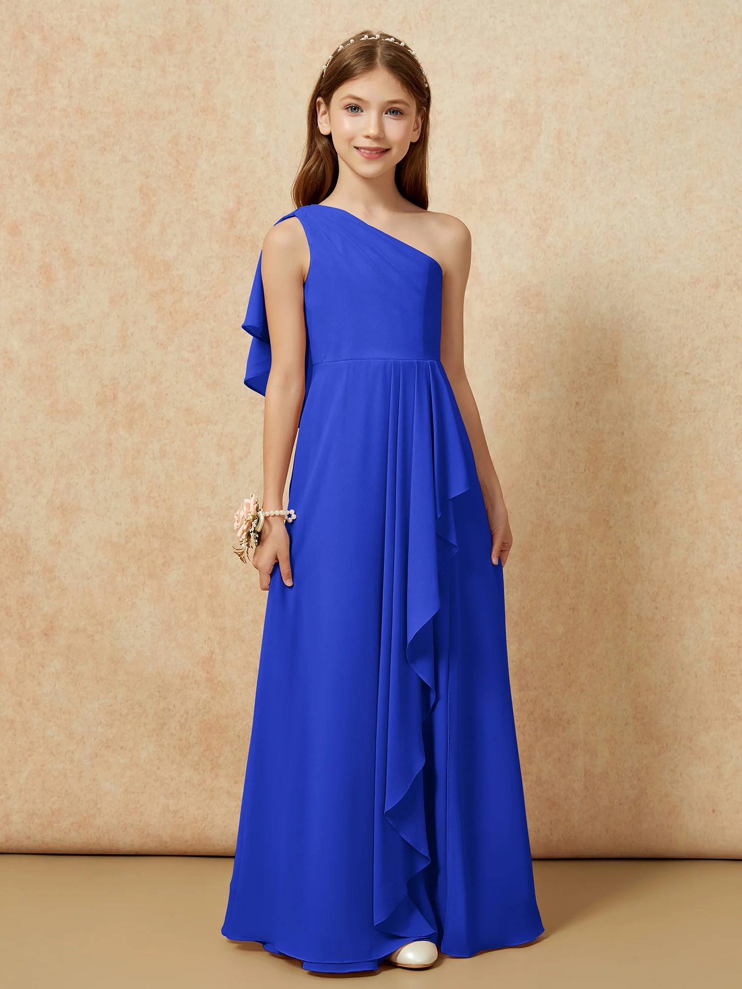 One Sholder A-line Long Chiffon Junior Bridesmaid Dress Royal Blue - Image 4