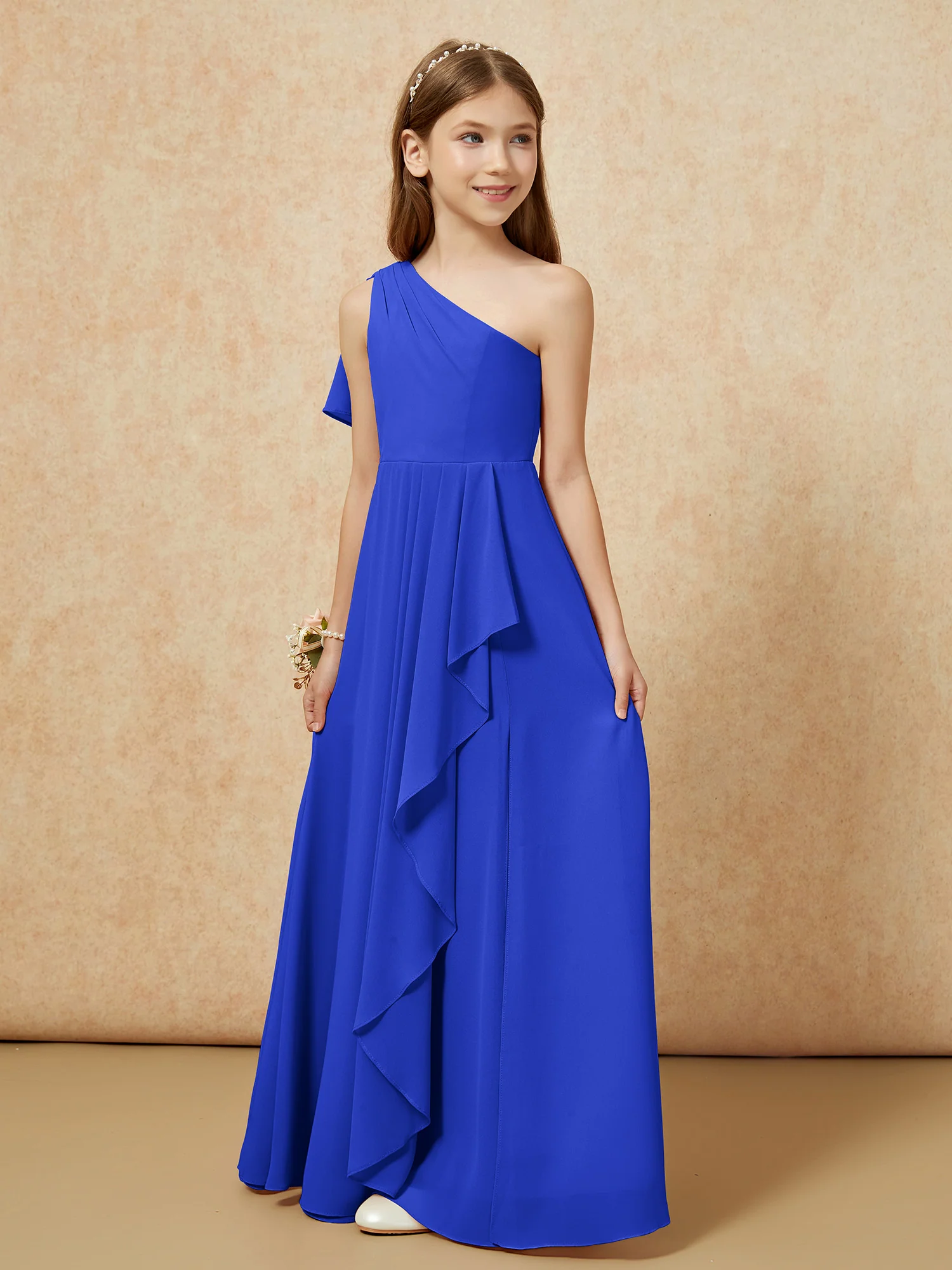 One Sholder A-line Long Chiffon Junior Bridesmaid Dress Royal Blue - Image 5