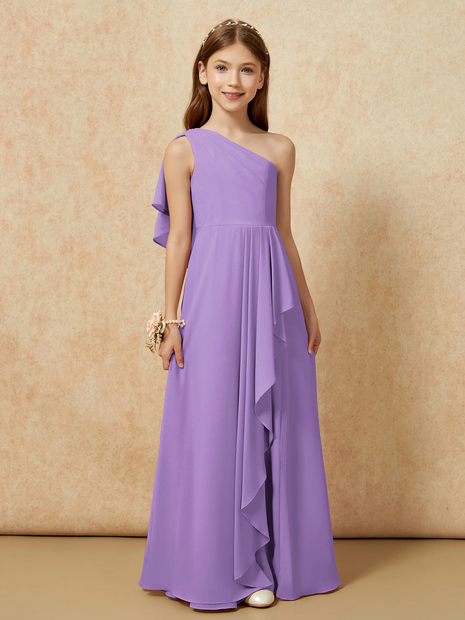 One Sholder A-line Long Chiffon Junior Bridesmaid Dress Tahiti - Image 4