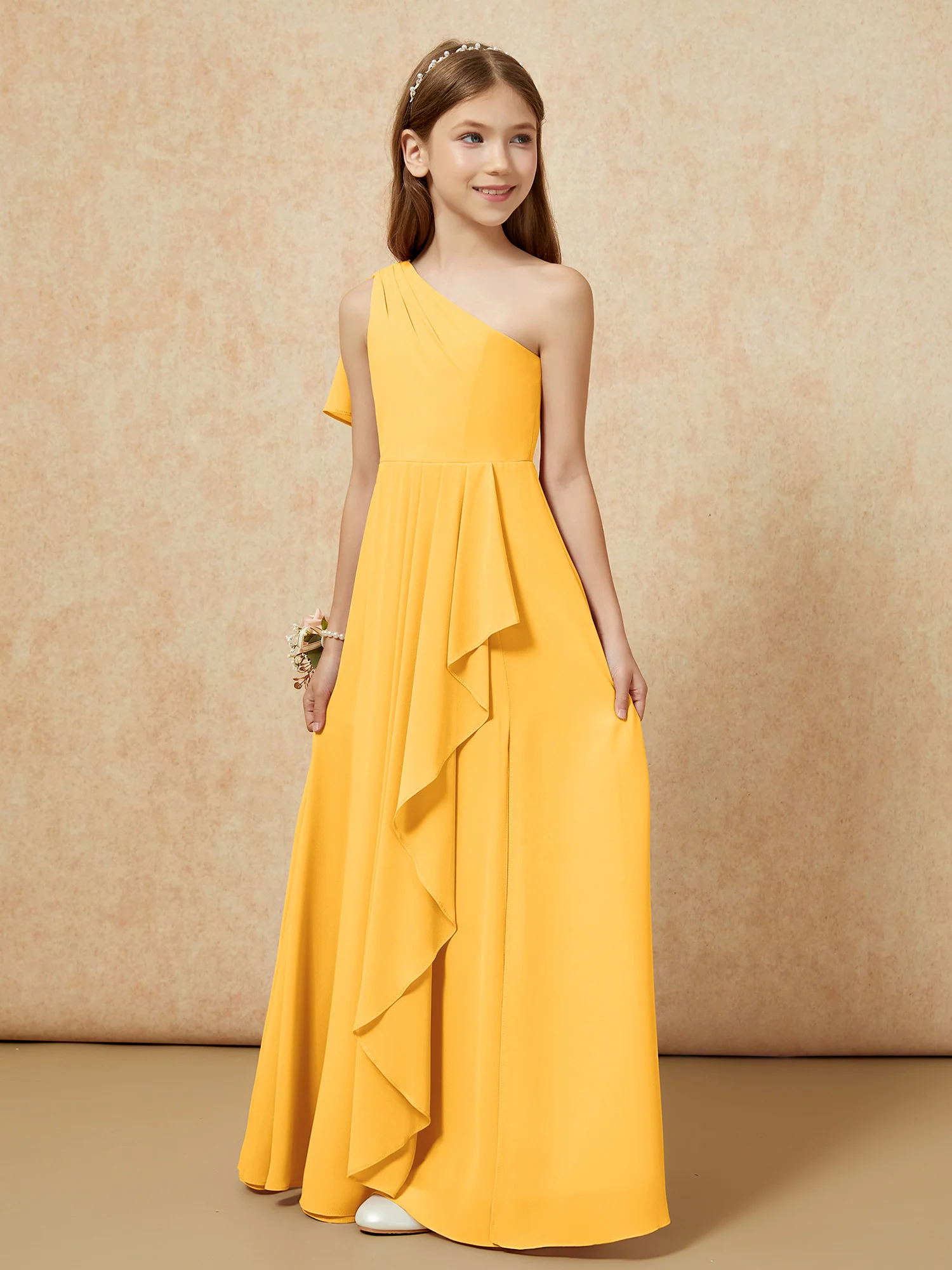 One Sholder A-line Long Chiffon Junior Bridesmaid Dress Tangerine - Image 5