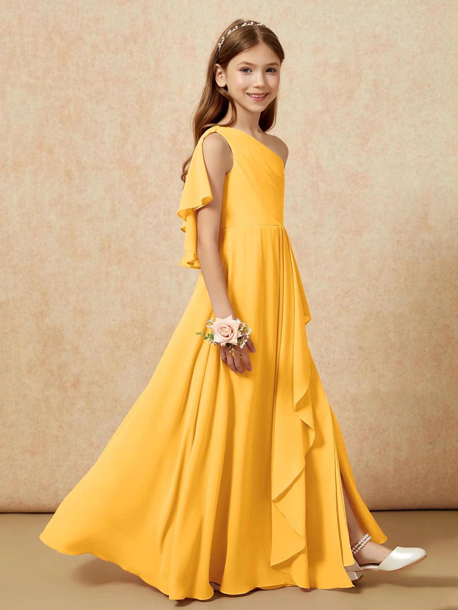 One Sholder A-line Long Chiffon Junior Bridesmaid Dress Tangerine - Image 6