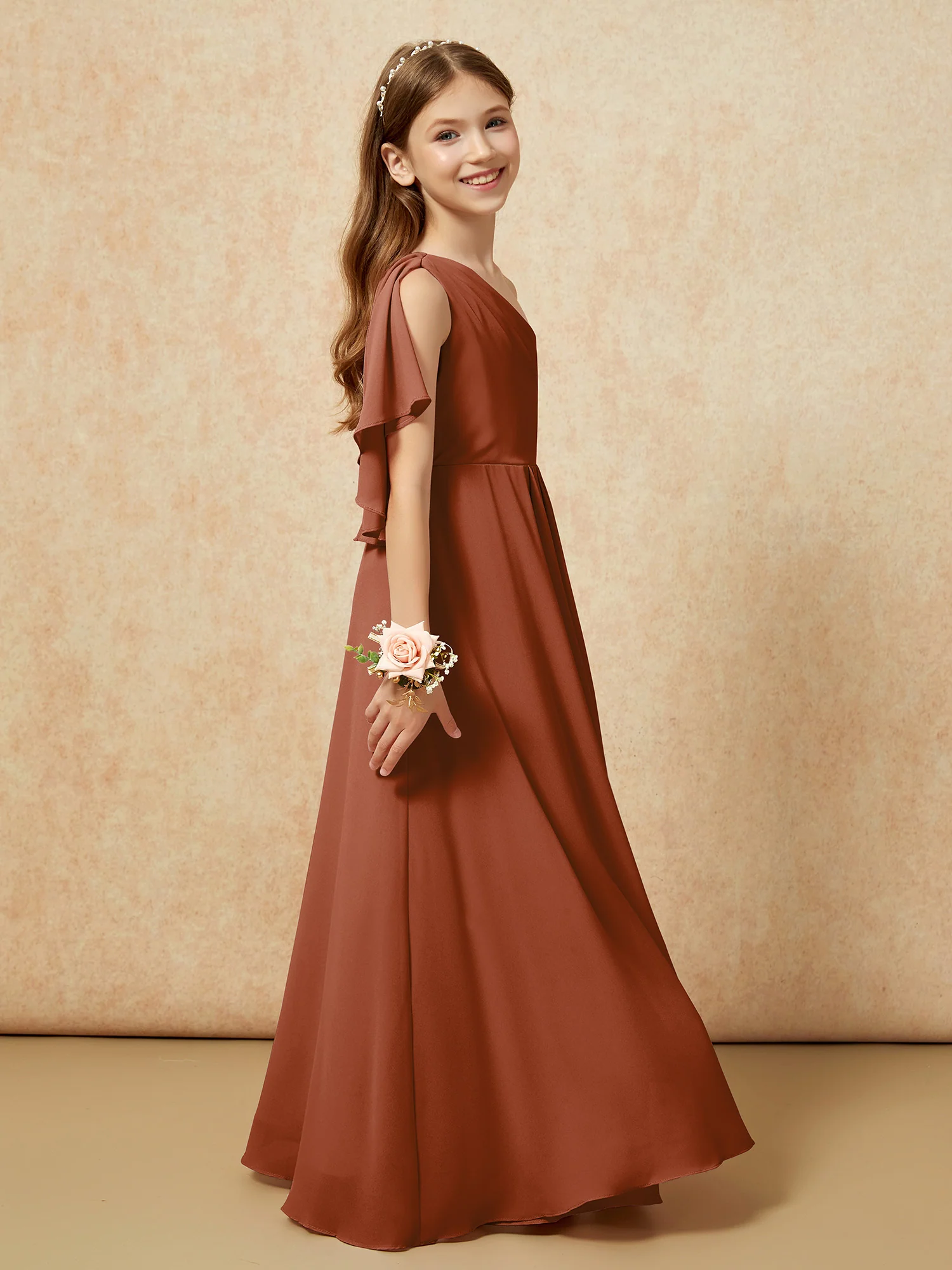 One Sholder A-line Long Chiffon Junior Bridesmaid Dress Terracotta - Image 2