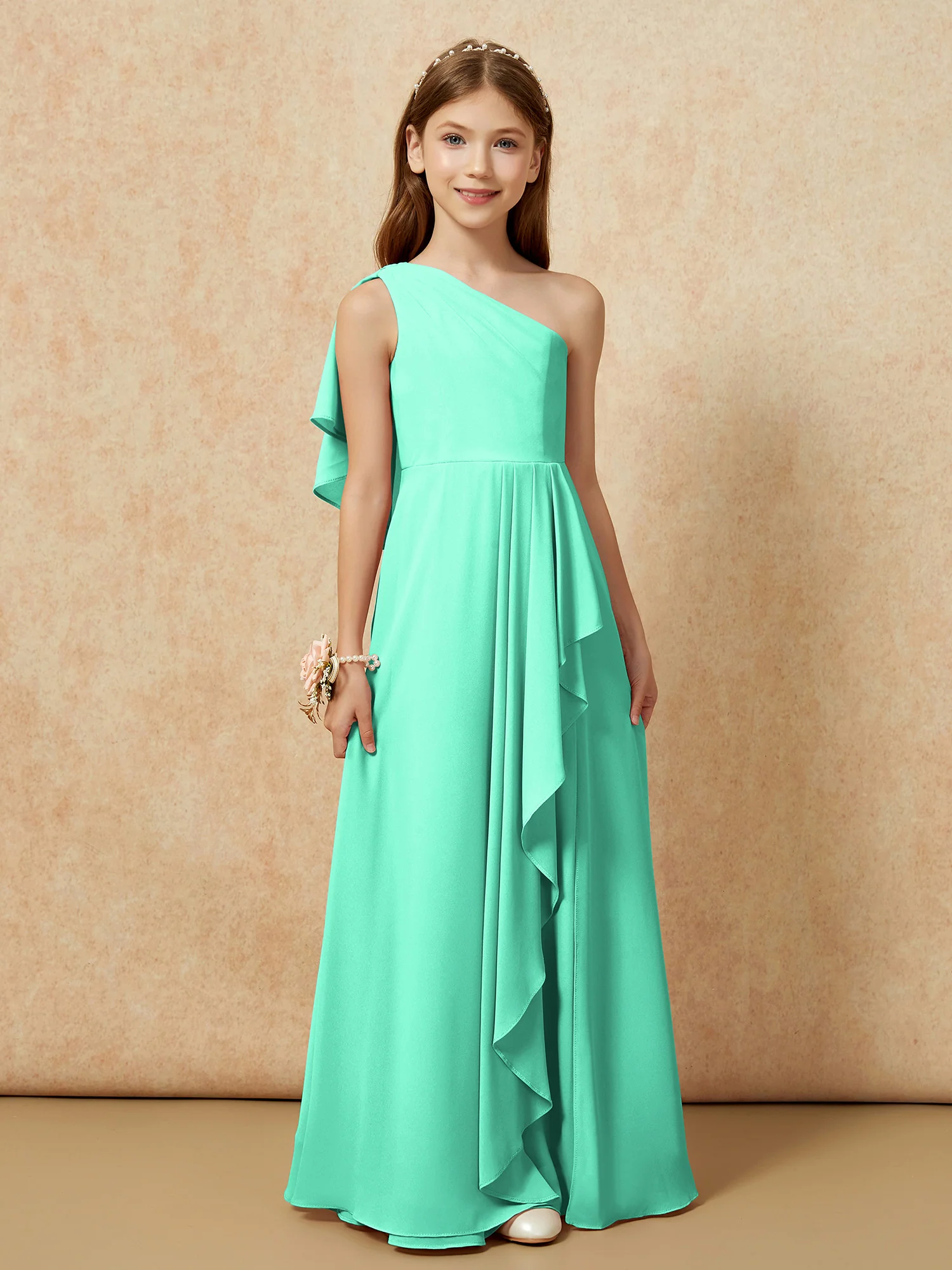 One Sholder A-line Long Chiffon Junior Bridesmaid Dress Turquoise - Image 4