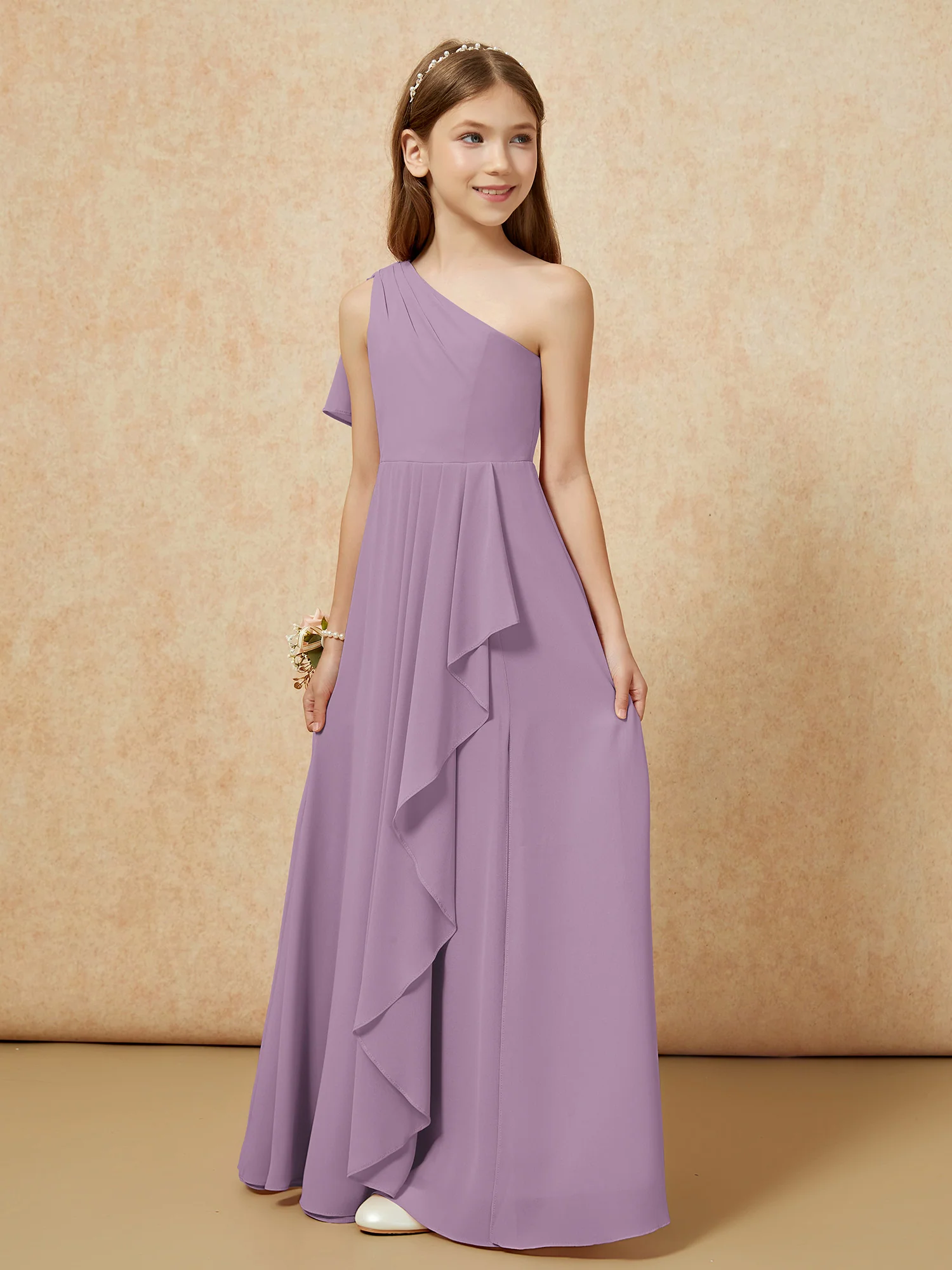 One Sholder A-line Long Chiffon Junior Bridesmaid Dress Wisteria - Image 5