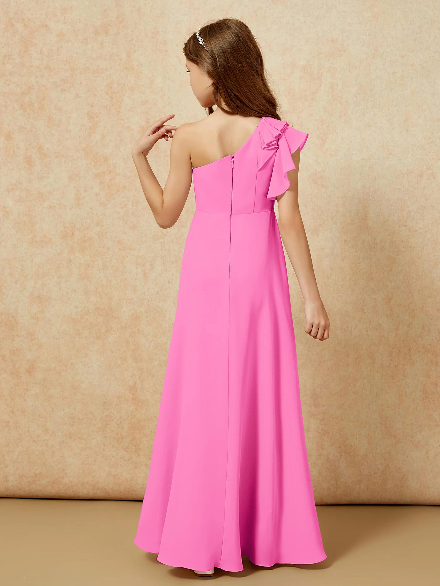One Shoulder Flutter Sleeves Junior Bridesmaid Dresses Azalea - Image 2