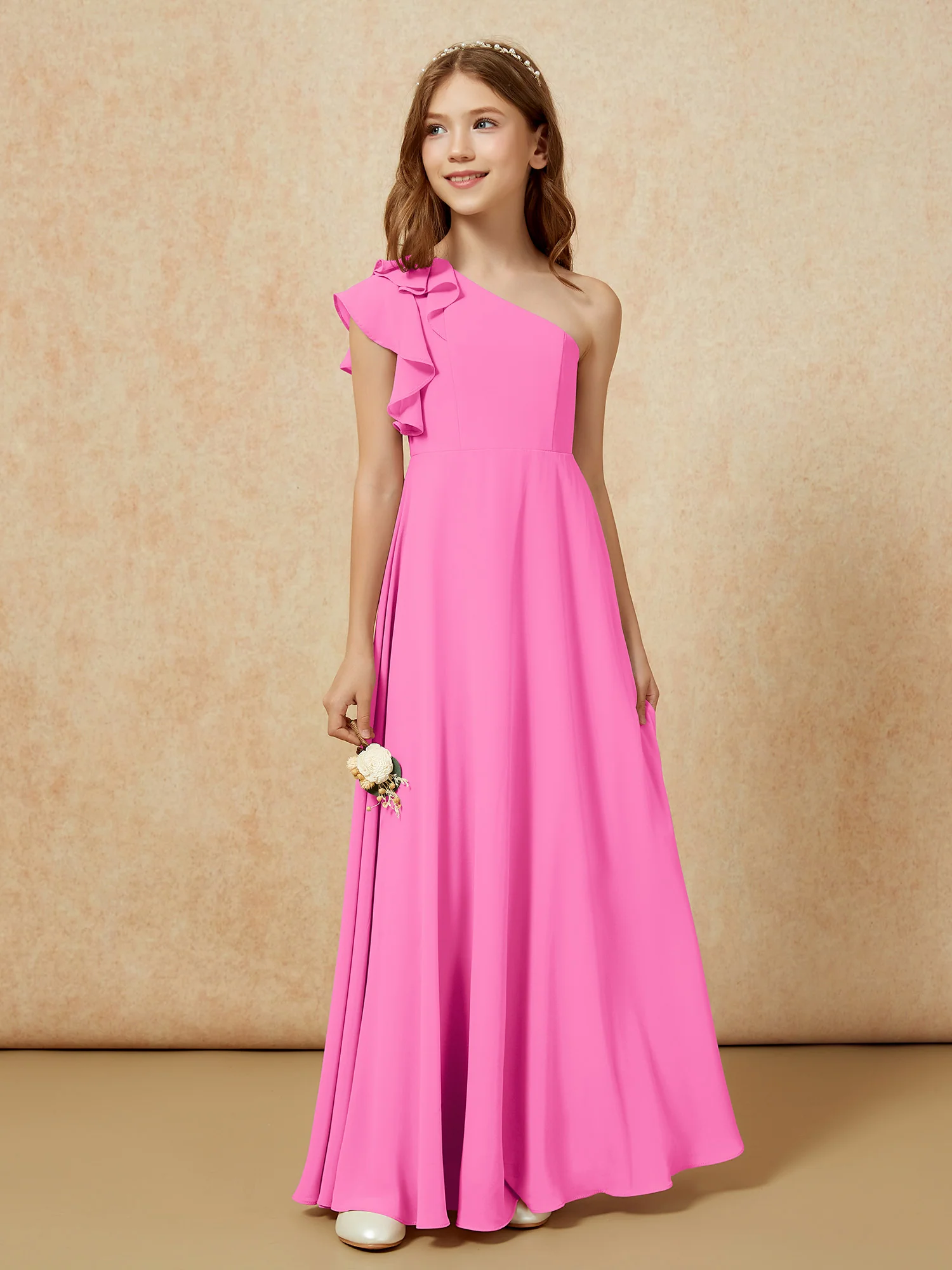 One Shoulder Flutter Sleeves Junior Bridesmaid Dresses Azalea - Image 5