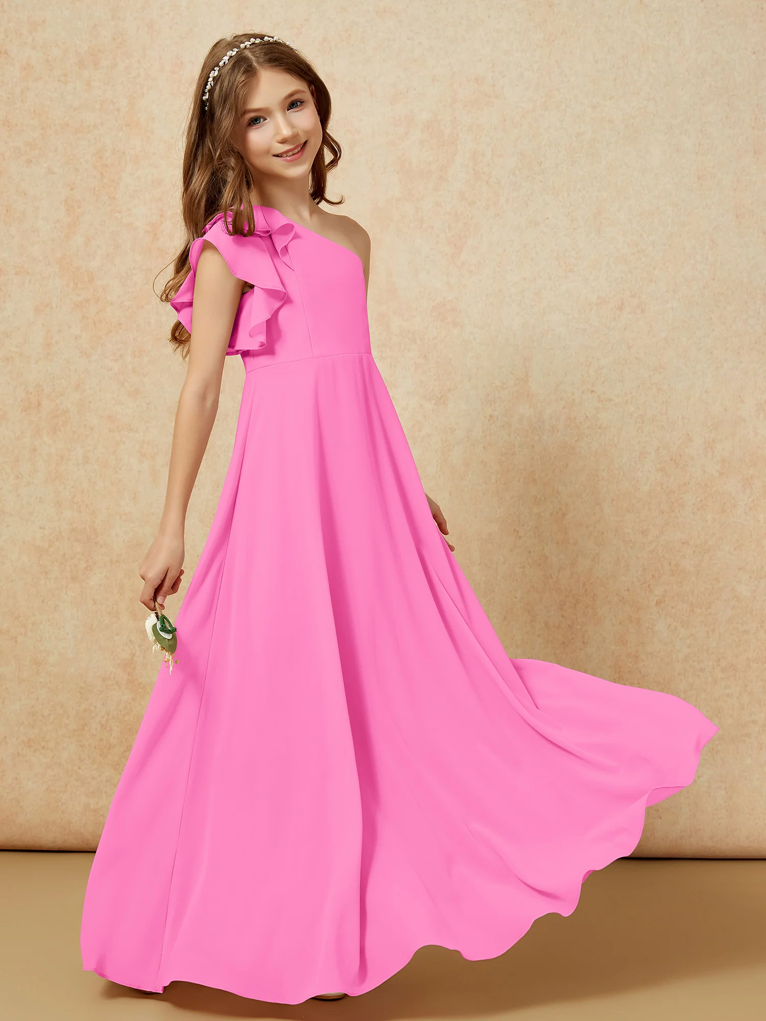One Shoulder Flutter Sleeves Junior Bridesmaid Dresses Azalea - Image 6