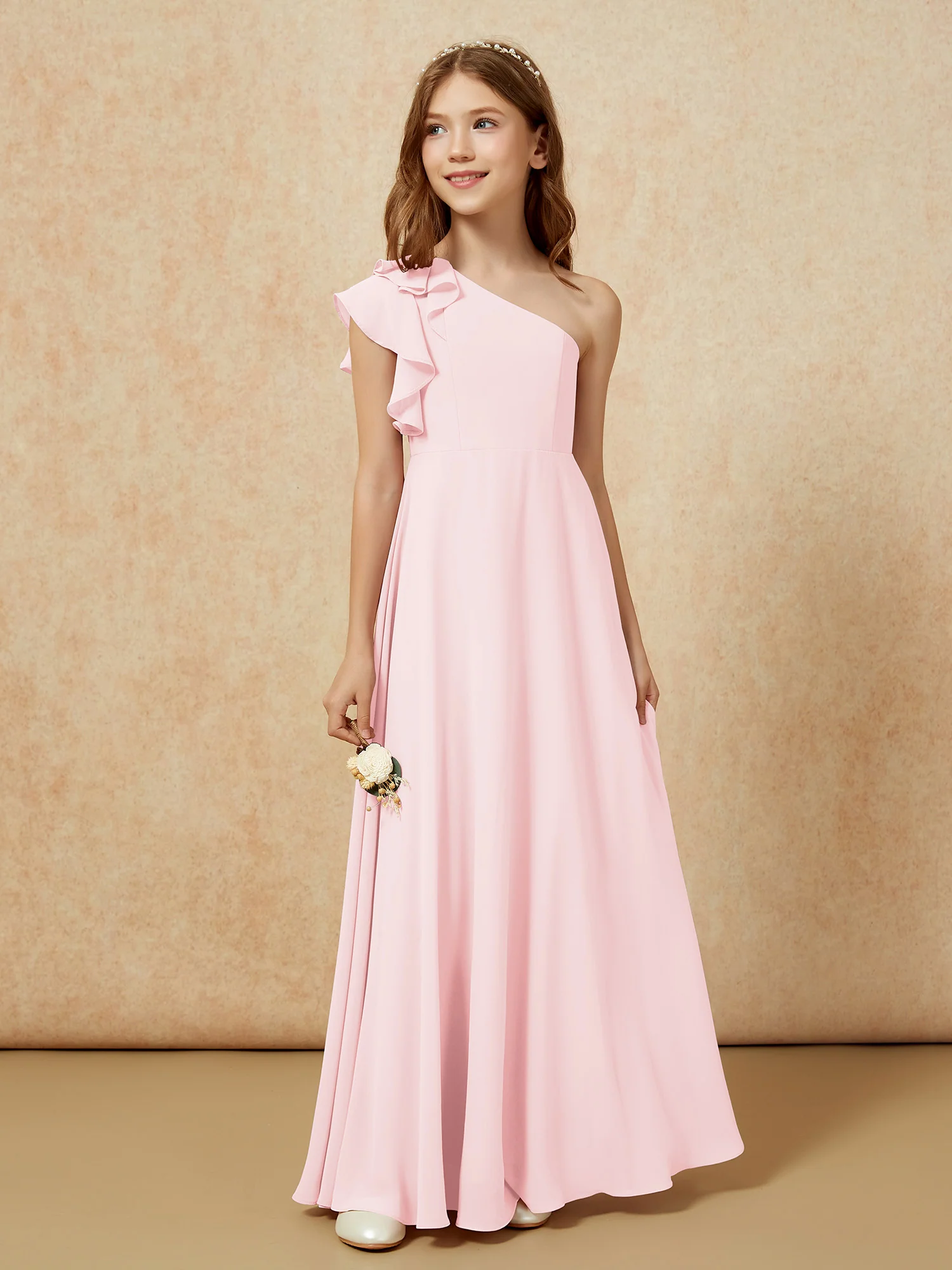 One Shoulder Flutter Sleeves Junior Bridesmaid Dresses Blushing Pink - Image 5