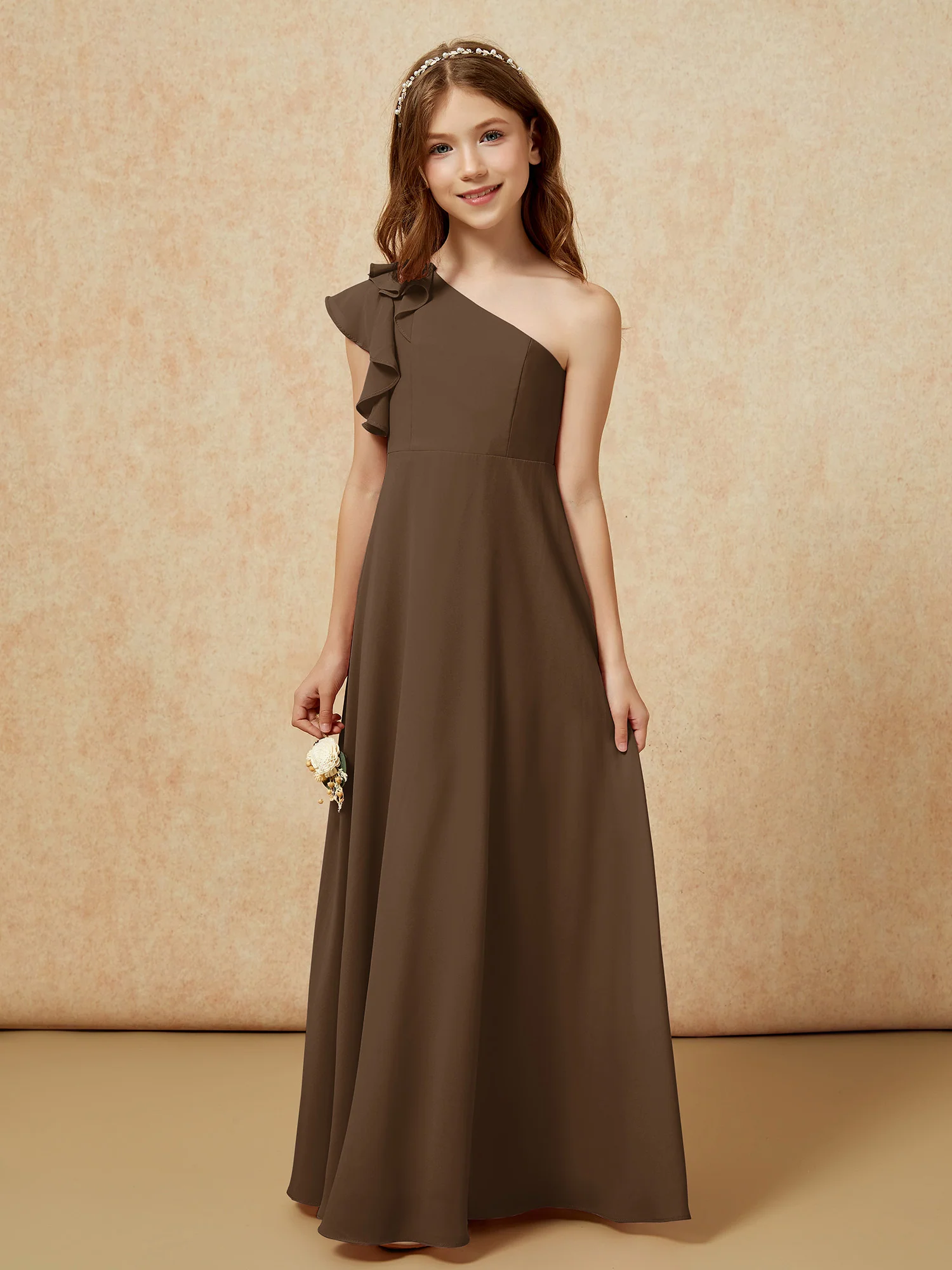 One Shoulder Flutter Sleeves Junior Bridesmaid Dresses Brown - Image 4