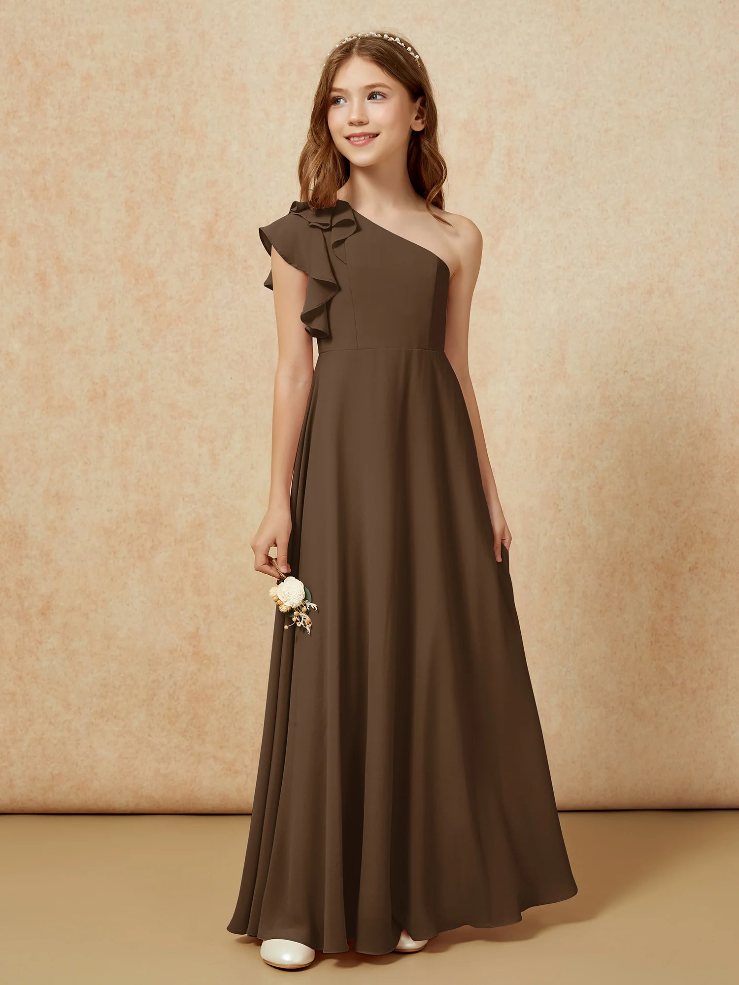 One Shoulder Flutter Sleeves Junior Bridesmaid Dresses Brown - Image 5