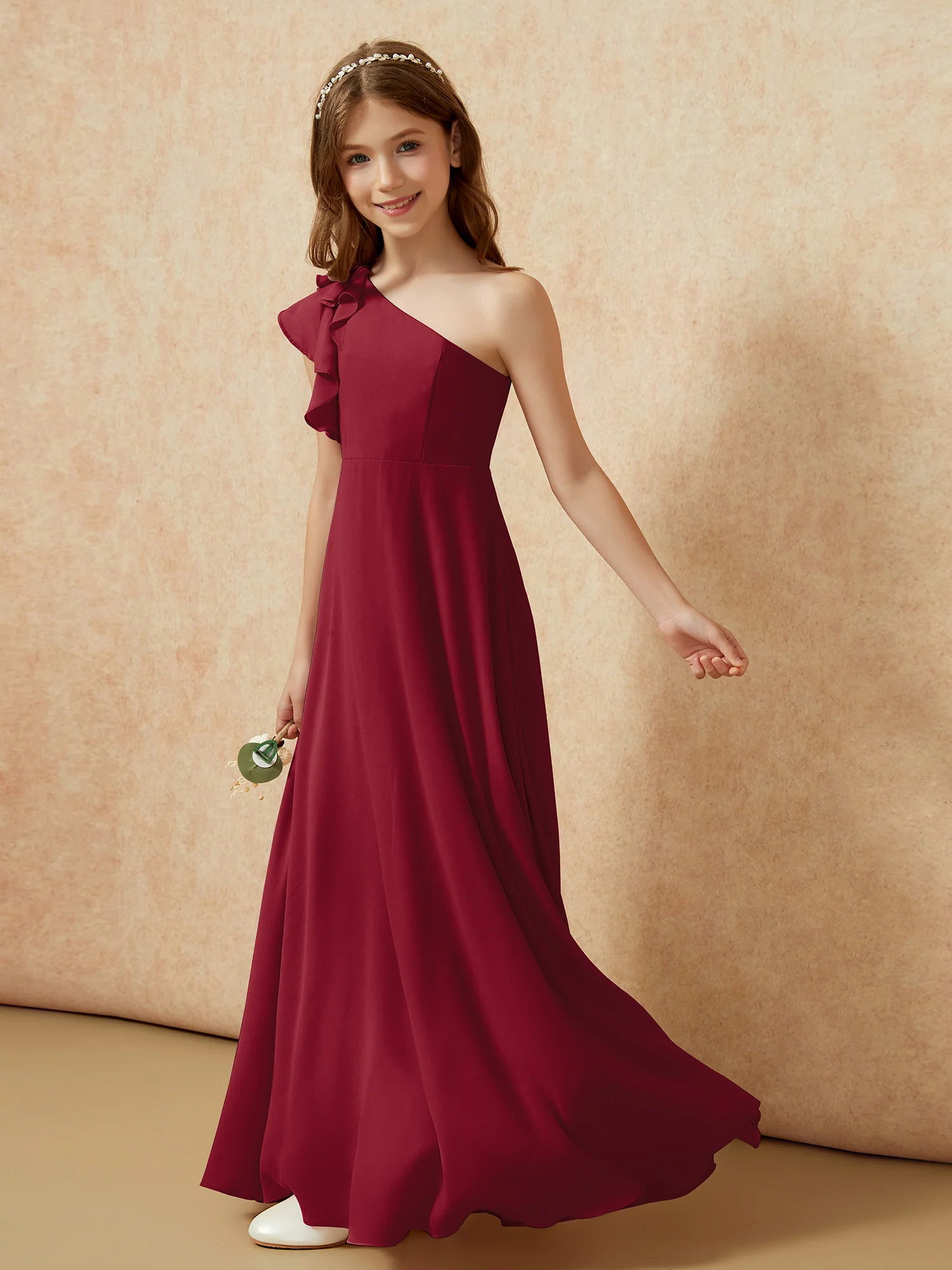 One Shoulder Flutter Sleeves Junior Bridesmaid Dresses Burgundy - Image 3
