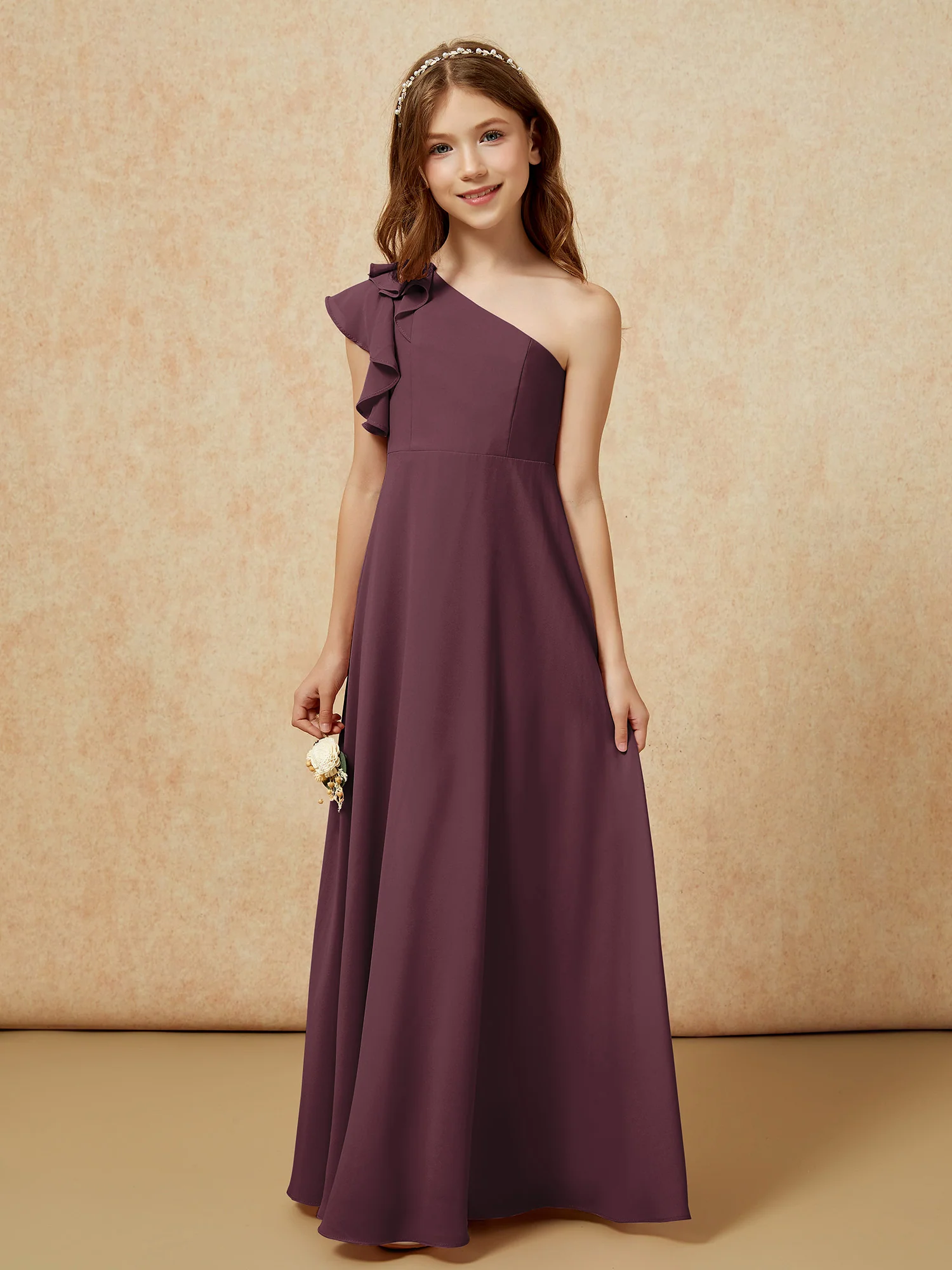 One Shoulder Flutter Sleeves Junior Bridesmaid Dresses Cabernet - Image 4