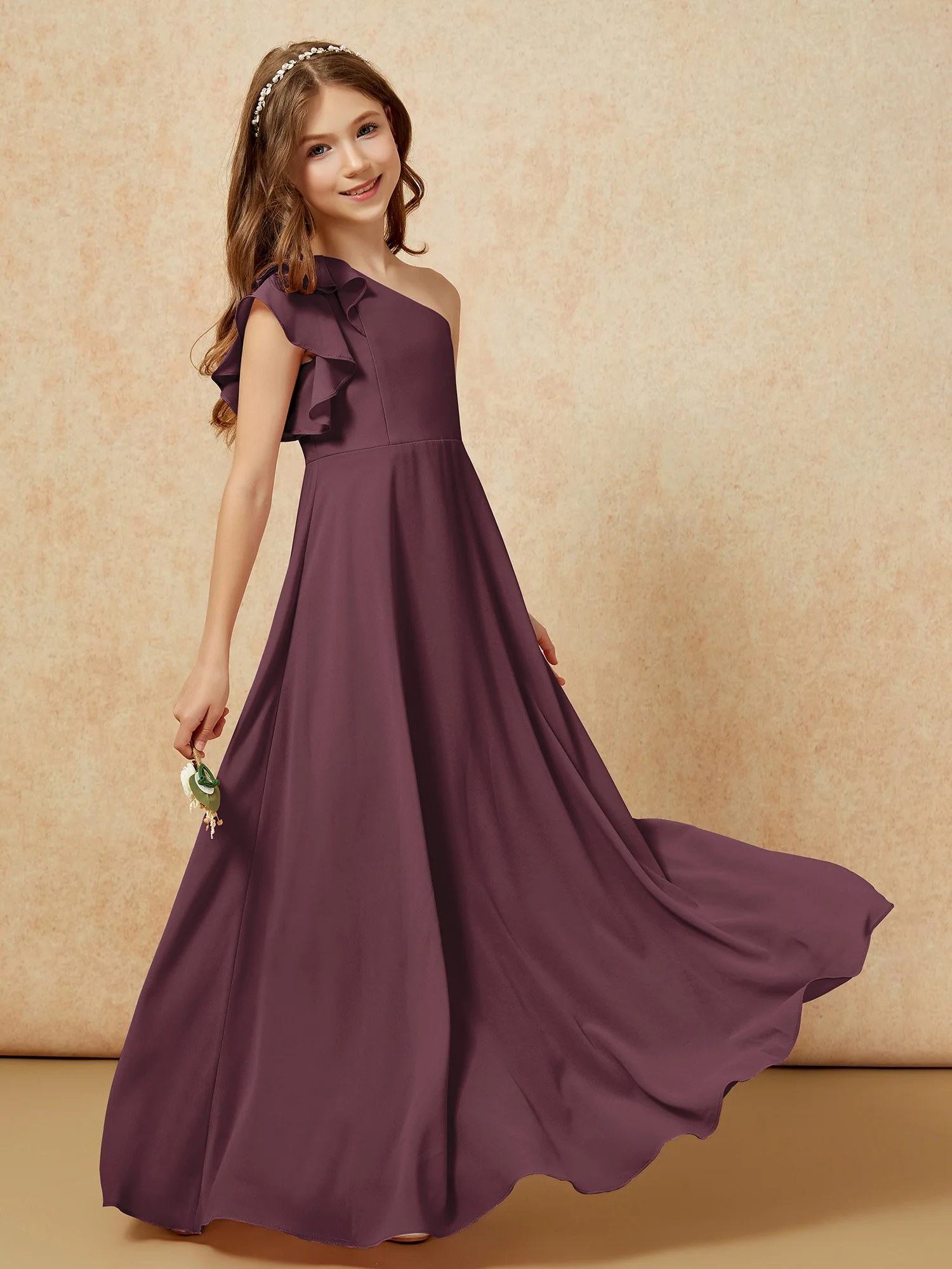 One Shoulder Flutter Sleeves Junior Bridesmaid Dresses Cabernet - Image 6