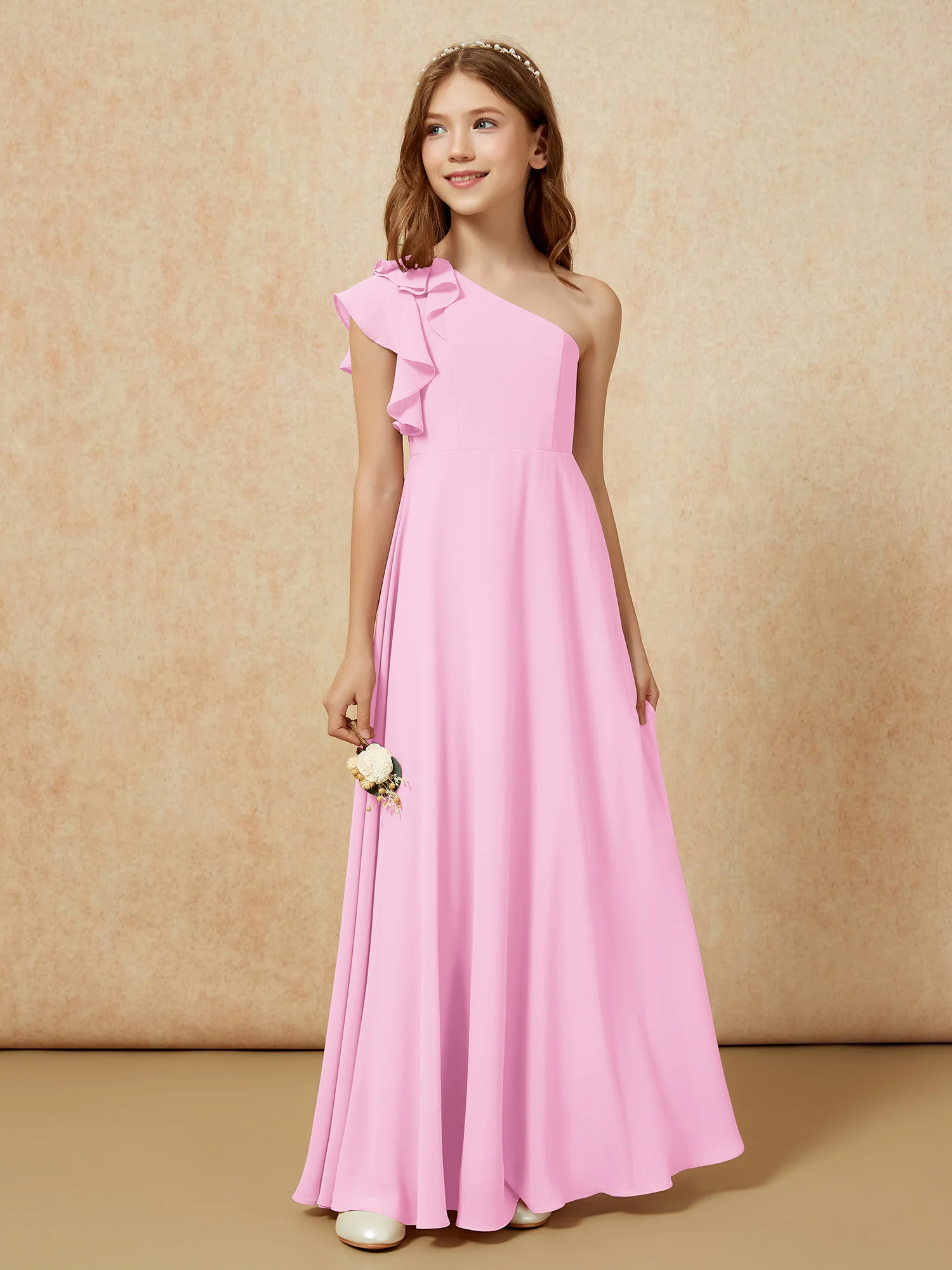 One Shoulder Flutter Sleeves Junior Bridesmaid Dresses Candy Pink - Image 5