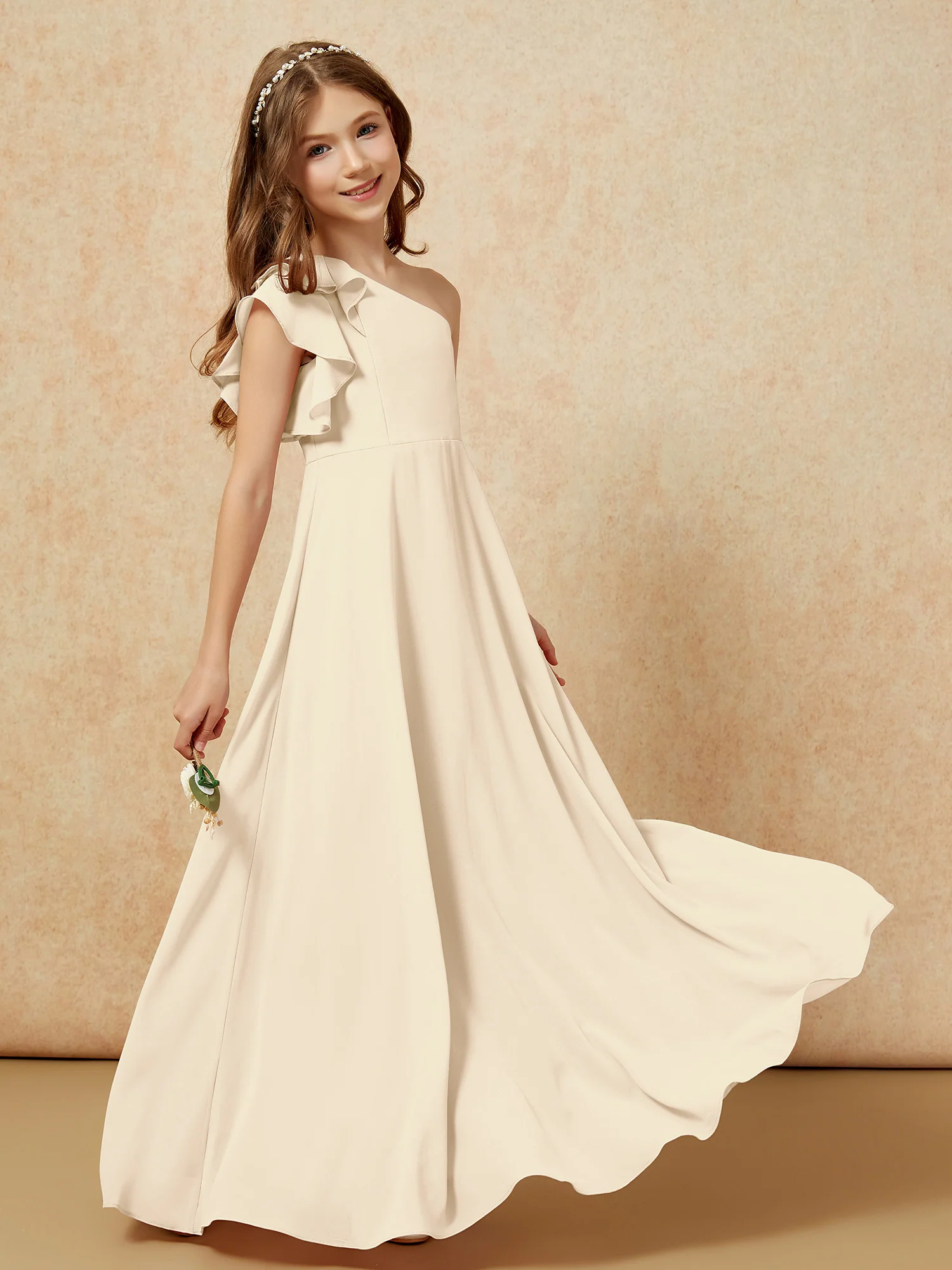 One Shoulder Flutter Sleeves Junior Bridesmaid Dresses Champagne - Image 6