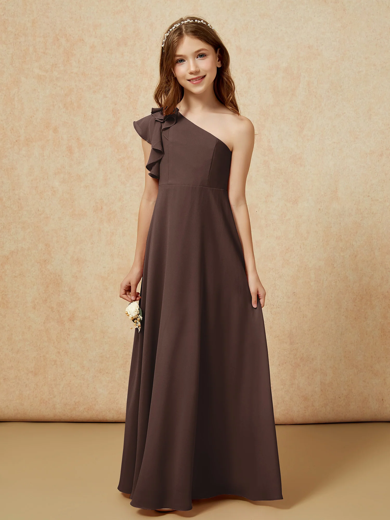One Shoulder Flutter Sleeves Junior Bridesmaid Dresses Chocolate - Image 4