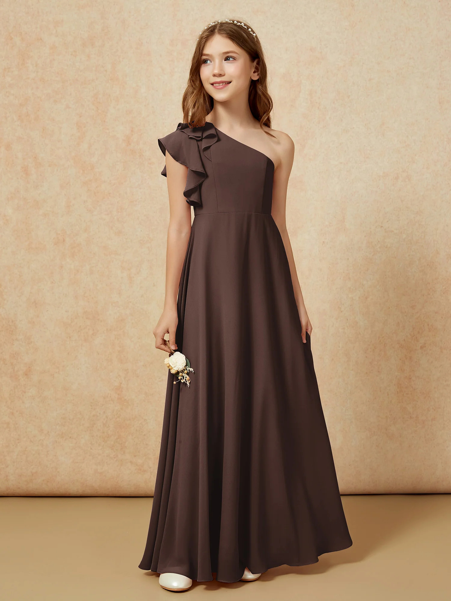 One Shoulder Flutter Sleeves Junior Bridesmaid Dresses Chocolate - Image 5