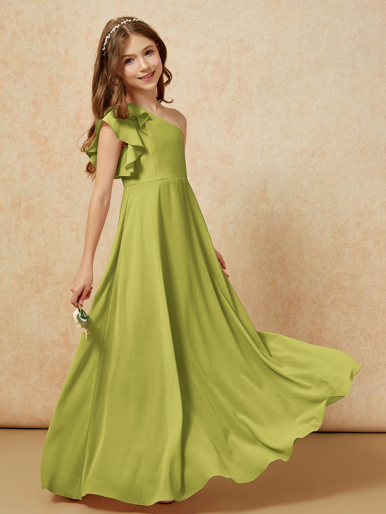 One Shoulder Flutter Sleeves Junior Bridesmaid Dresses Clover - Image 6