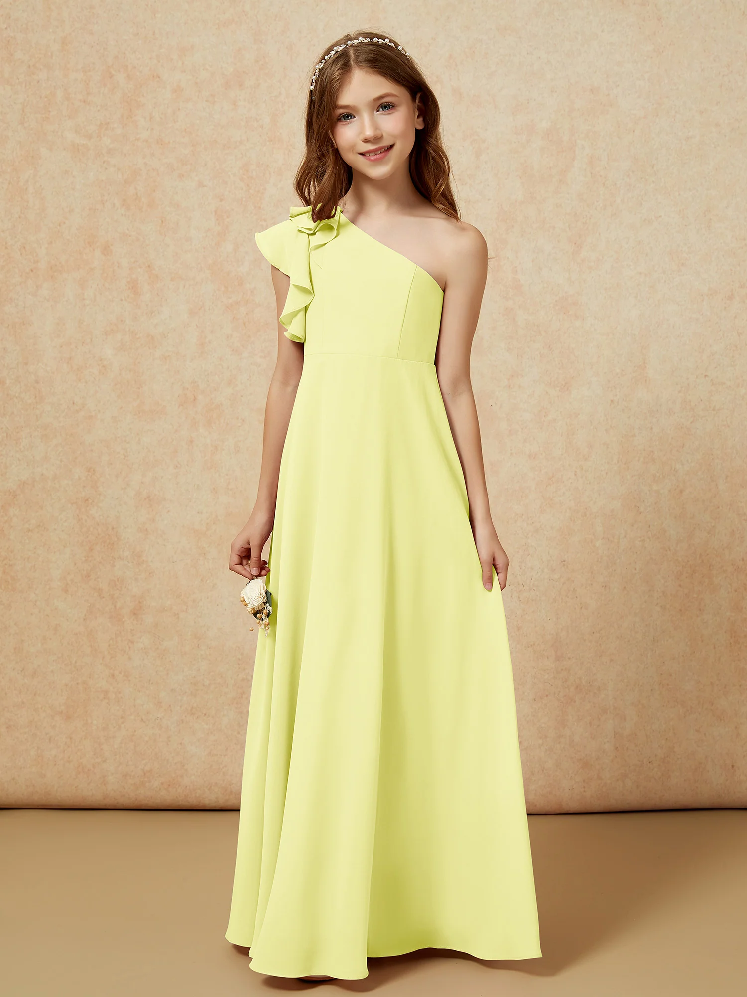 One Shoulder Flutter Sleeves Junior Bridesmaid Dresses Daffodil - Image 4