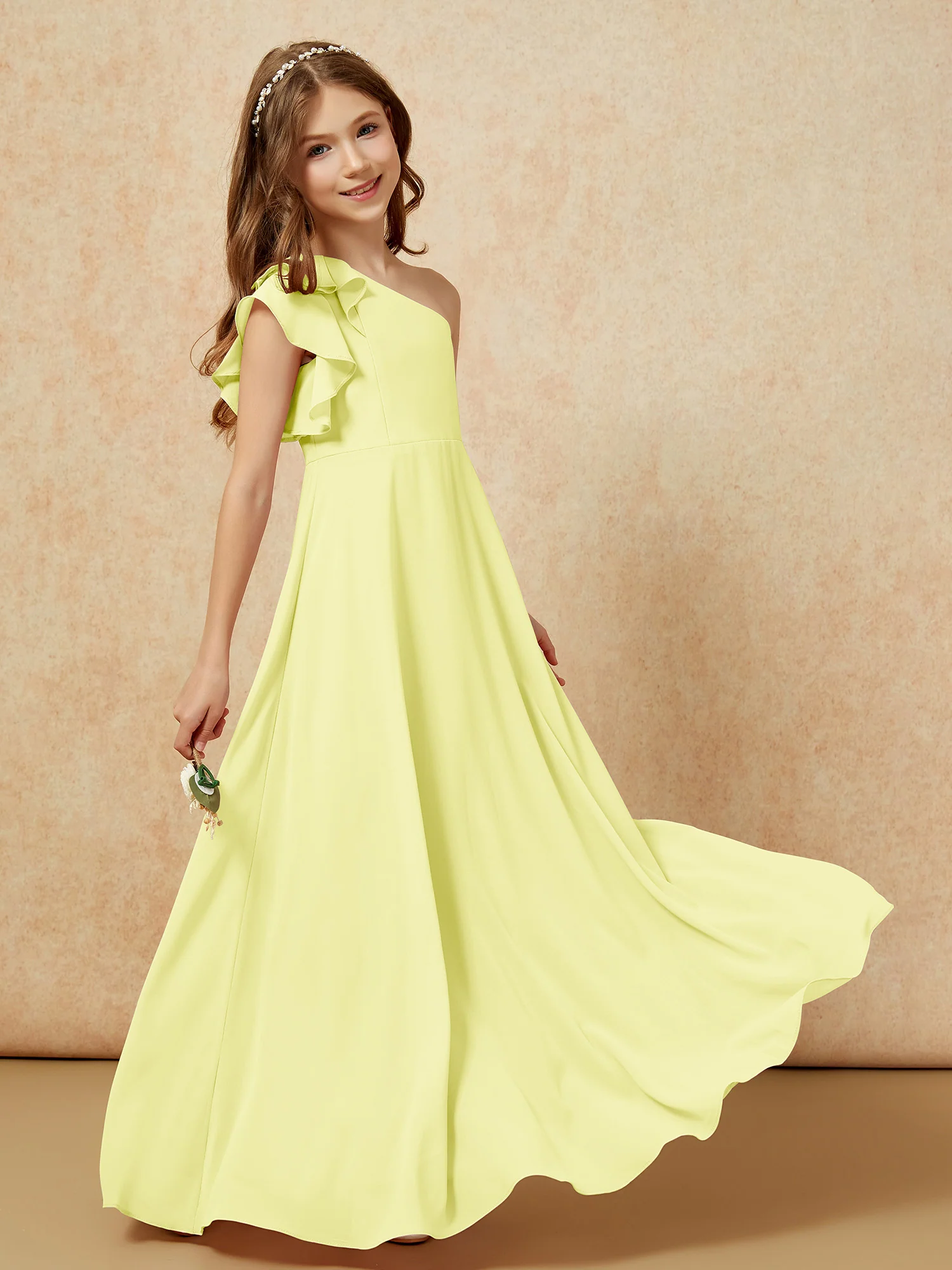 One Shoulder Flutter Sleeves Junior Bridesmaid Dresses Daffodil - Image 6