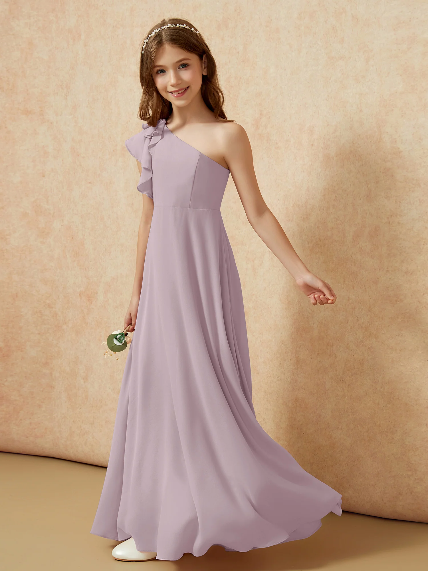One Shoulder Flutter Sleeves Junior Bridesmaid Dresses Dusk - Image 3