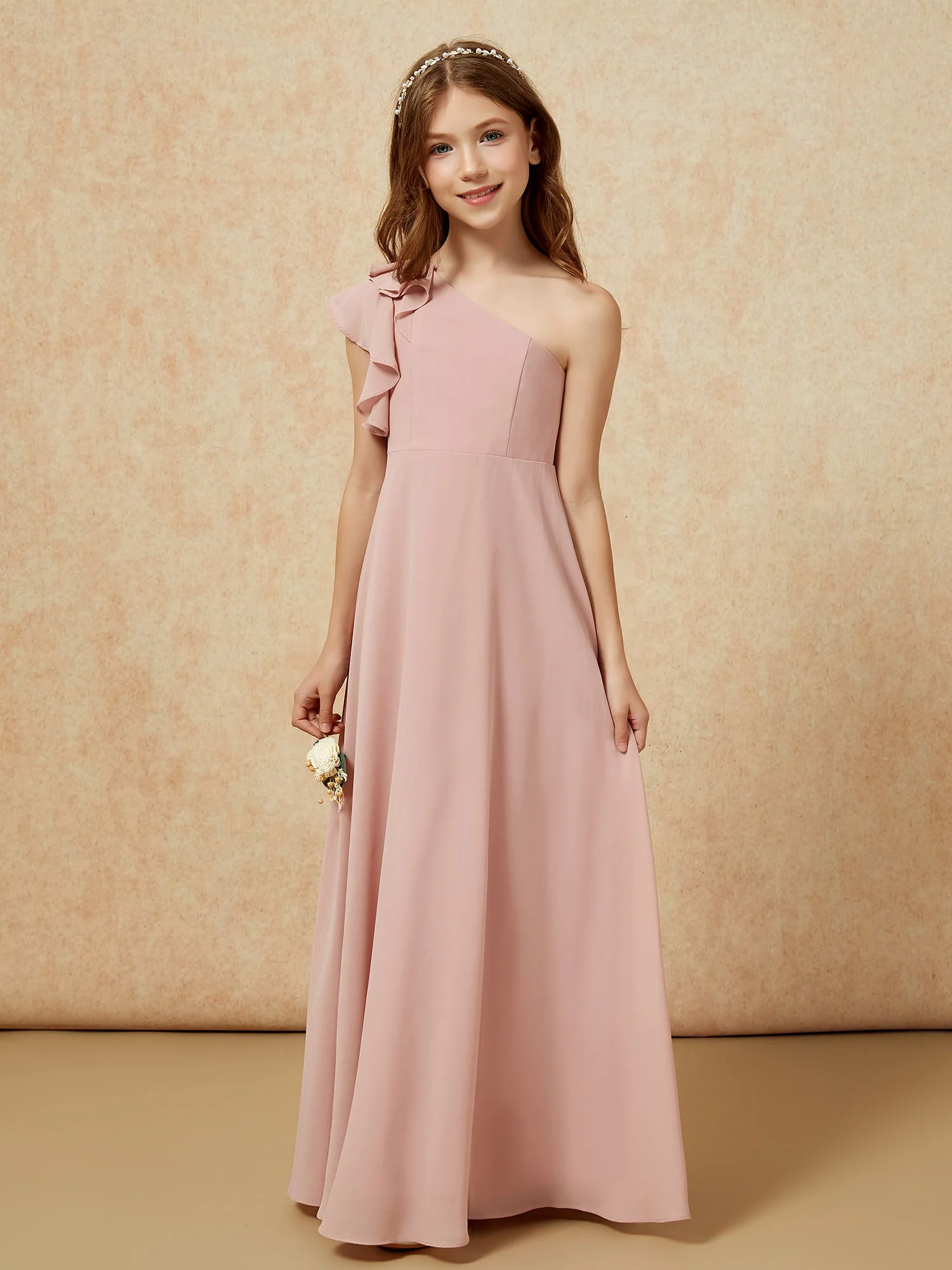 One Shoulder Flutter Sleeves Junior Bridesmaid Dresses Dusty Rose - Image 4