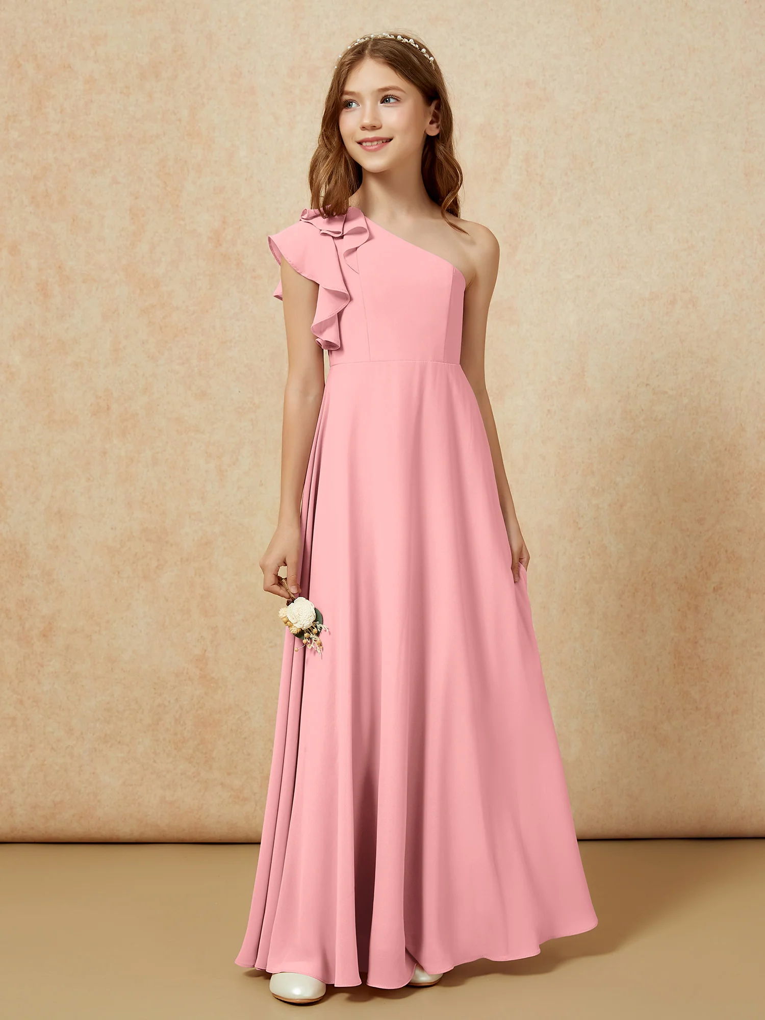 One Shoulder Flutter Sleeves Junior Bridesmaid Dresses Flamingo - Image 5