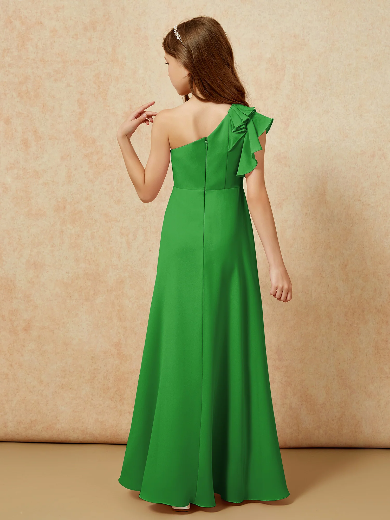 One Shoulder Flutter Sleeves Junior Bridesmaid Dresses Green - Image 2