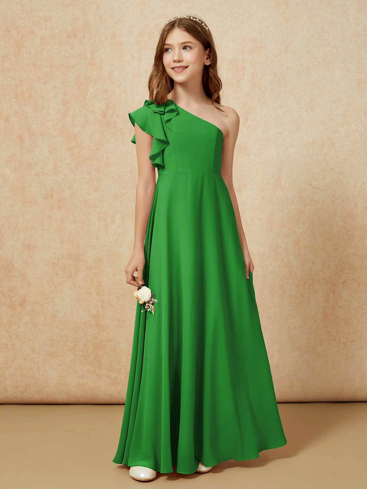 One Shoulder Flutter Sleeves Junior Bridesmaid Dresses Green - Image 5