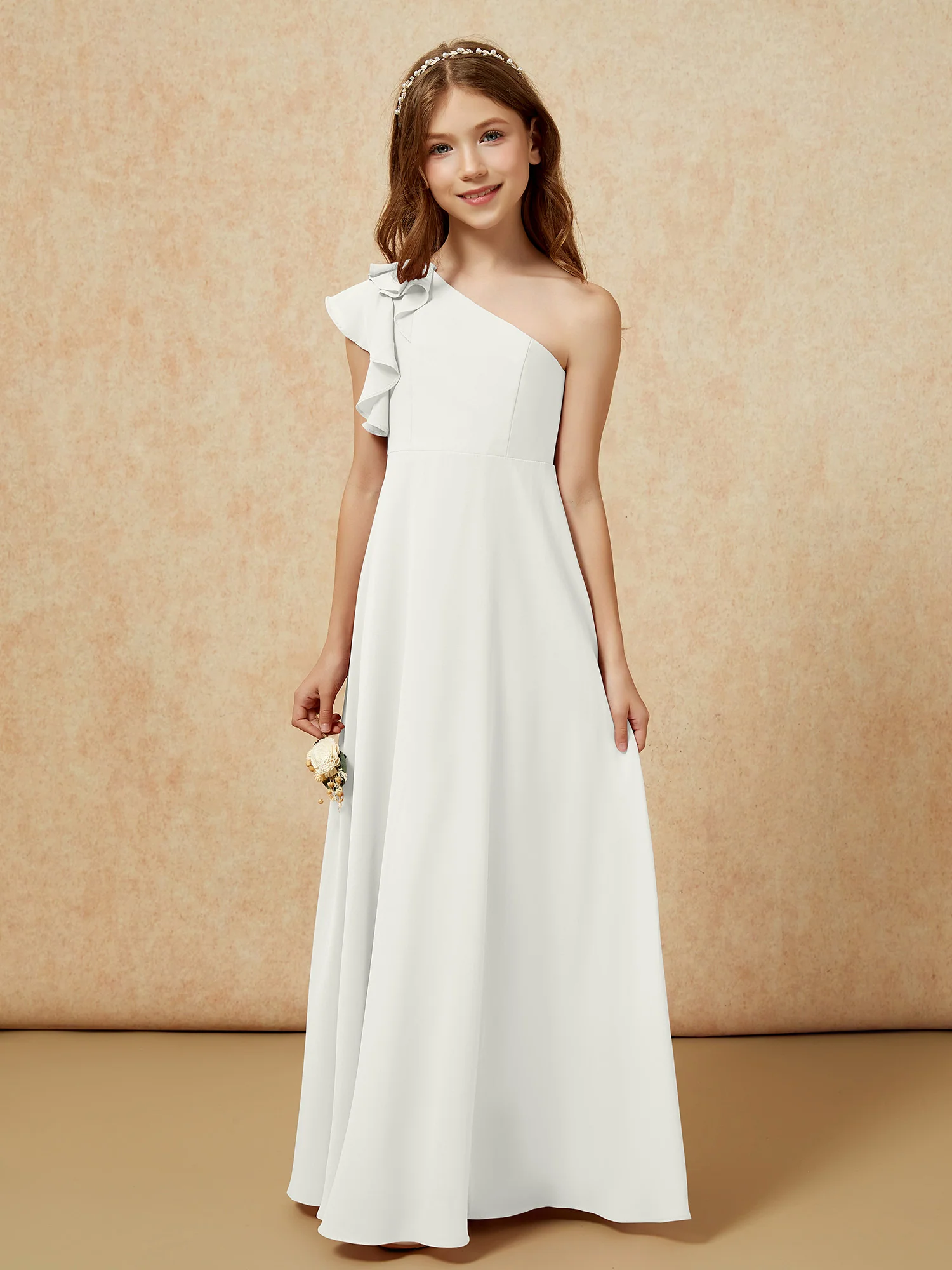 One Shoulder Flutter Sleeves Junior Bridesmaid Dresses Ivory - Image 4
